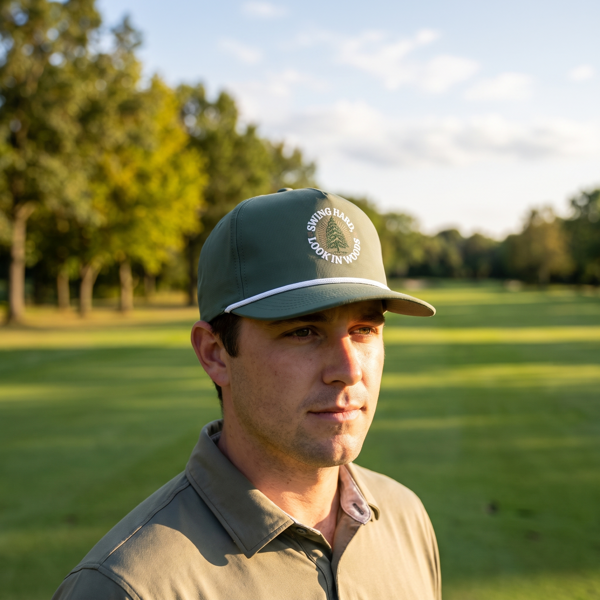 A golfer on a golf course wearing the Swing Hard, Look in Woods rope hat in Moss with a white rope.