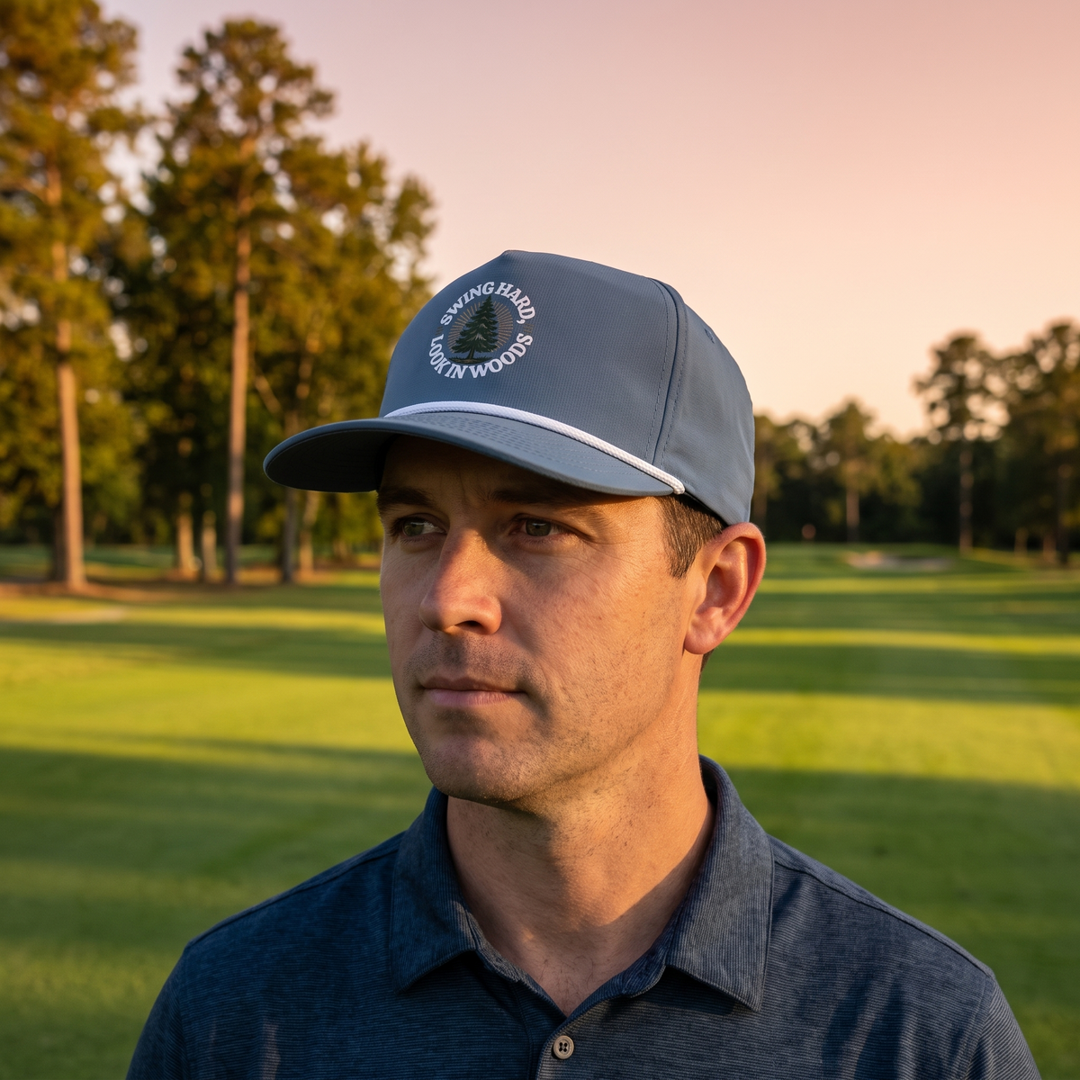 A golfer on a golf course wearing the Swing Hard, Look in Woods rope hat in Blue Jean with a white rope.