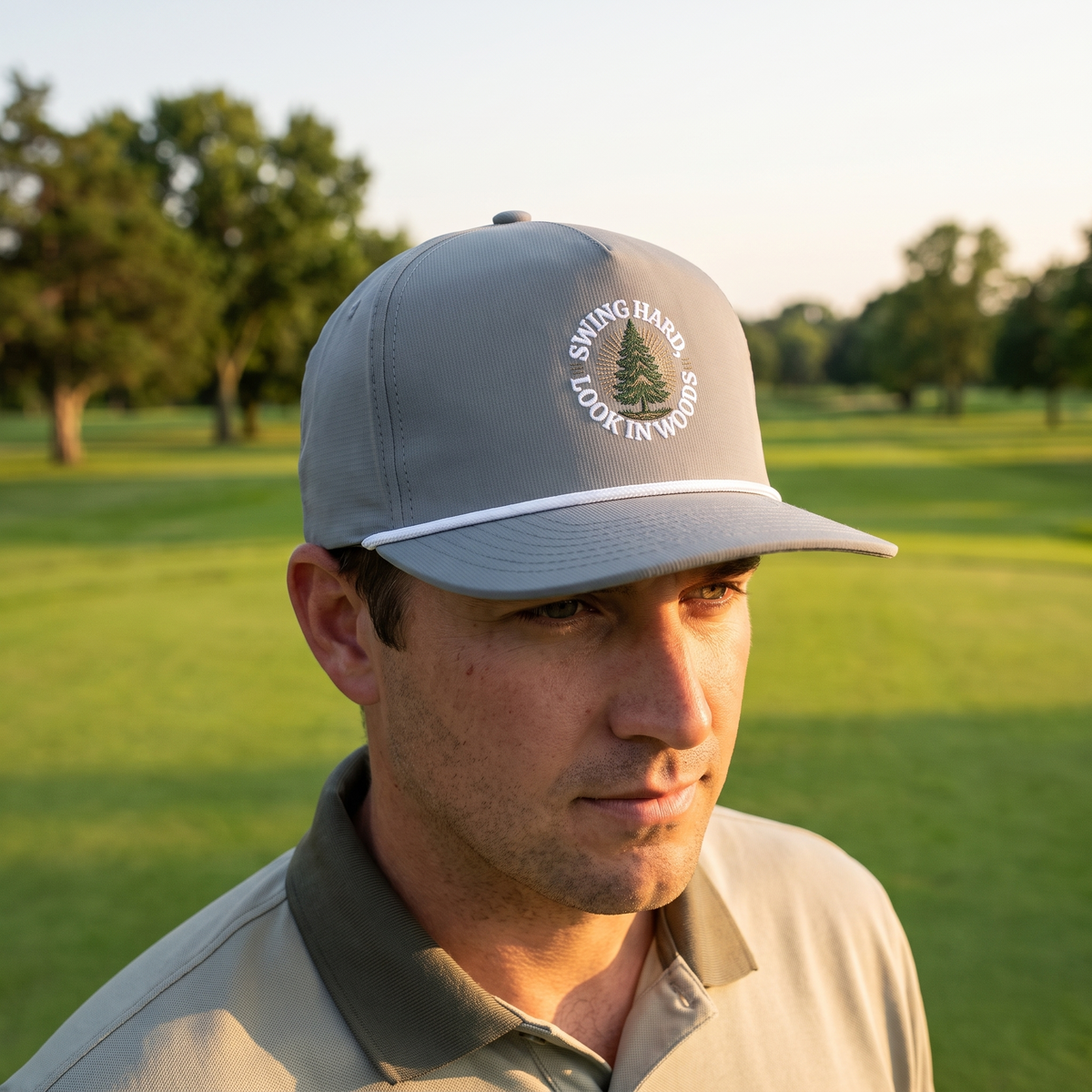 A golfer on a golf course wearing the Swing Hard, Look in Woods rope hat in Granite with a white rope.