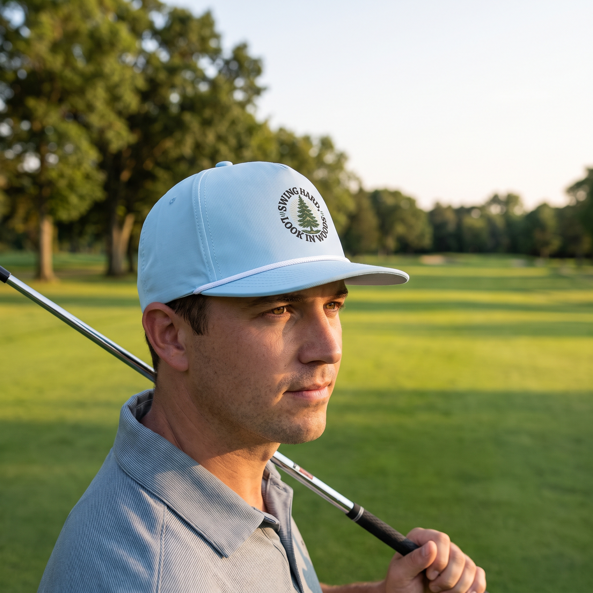 A golfer on a golf course wearing the Swing Hard, Look in Woods rope hat in Chambray with a white rope.