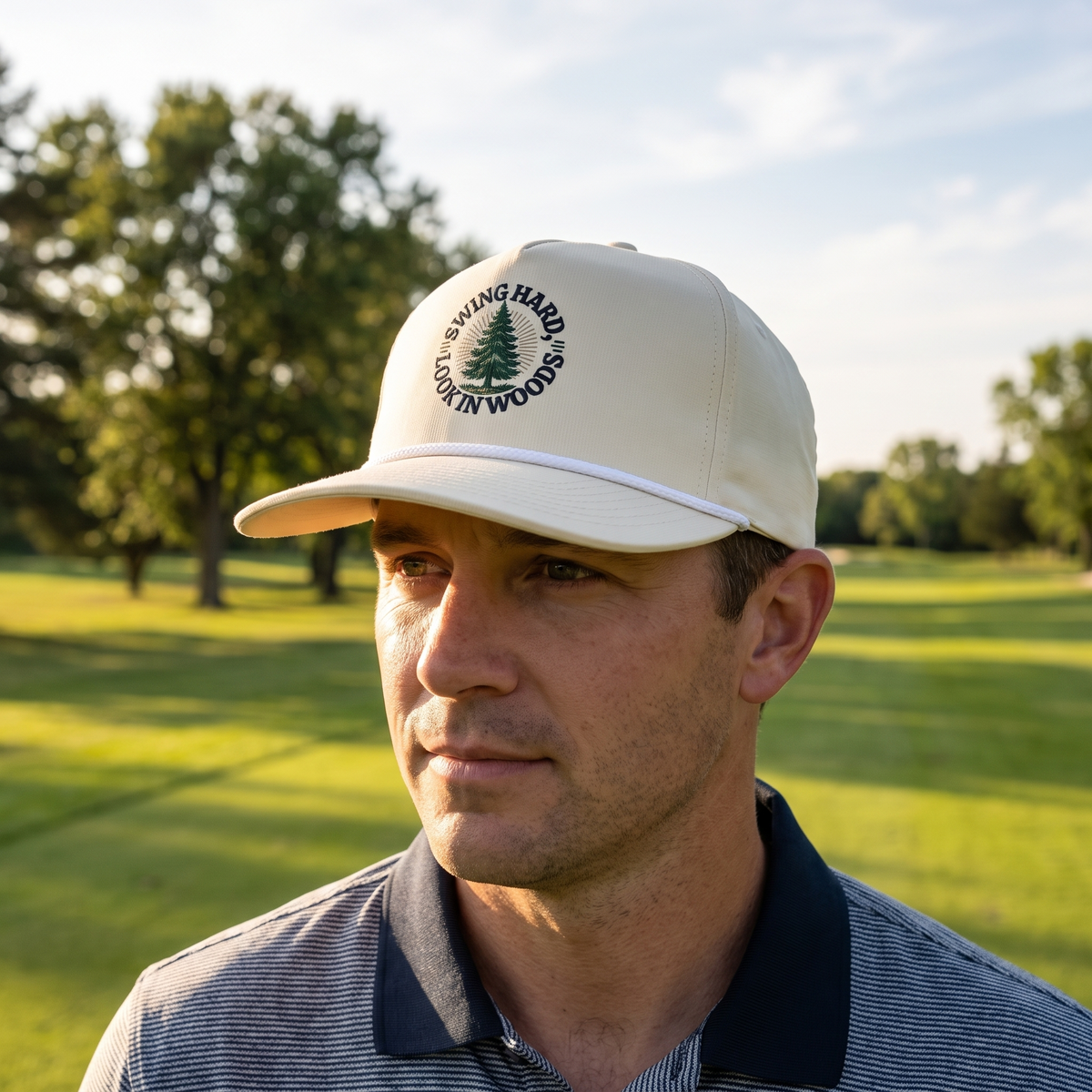 A golfer on a golf course wearing the Swing Hard, Look in Woods rope hat in Ivory with a white rope.