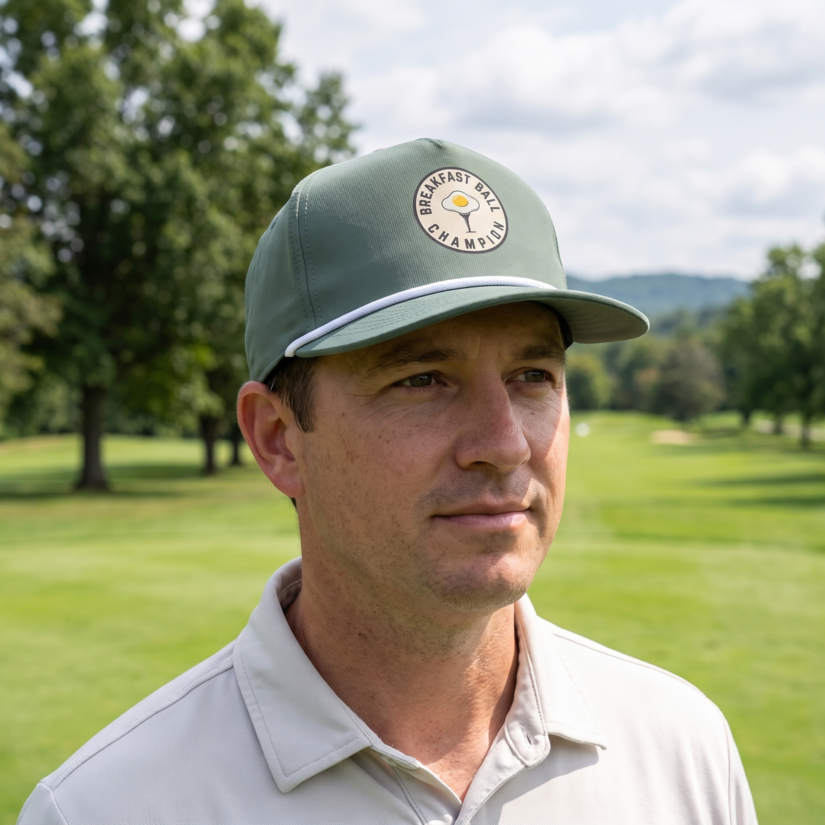 A golfer on a golf course wearing the Breakfast Ball Champion rope hat in Moss with a white rope.