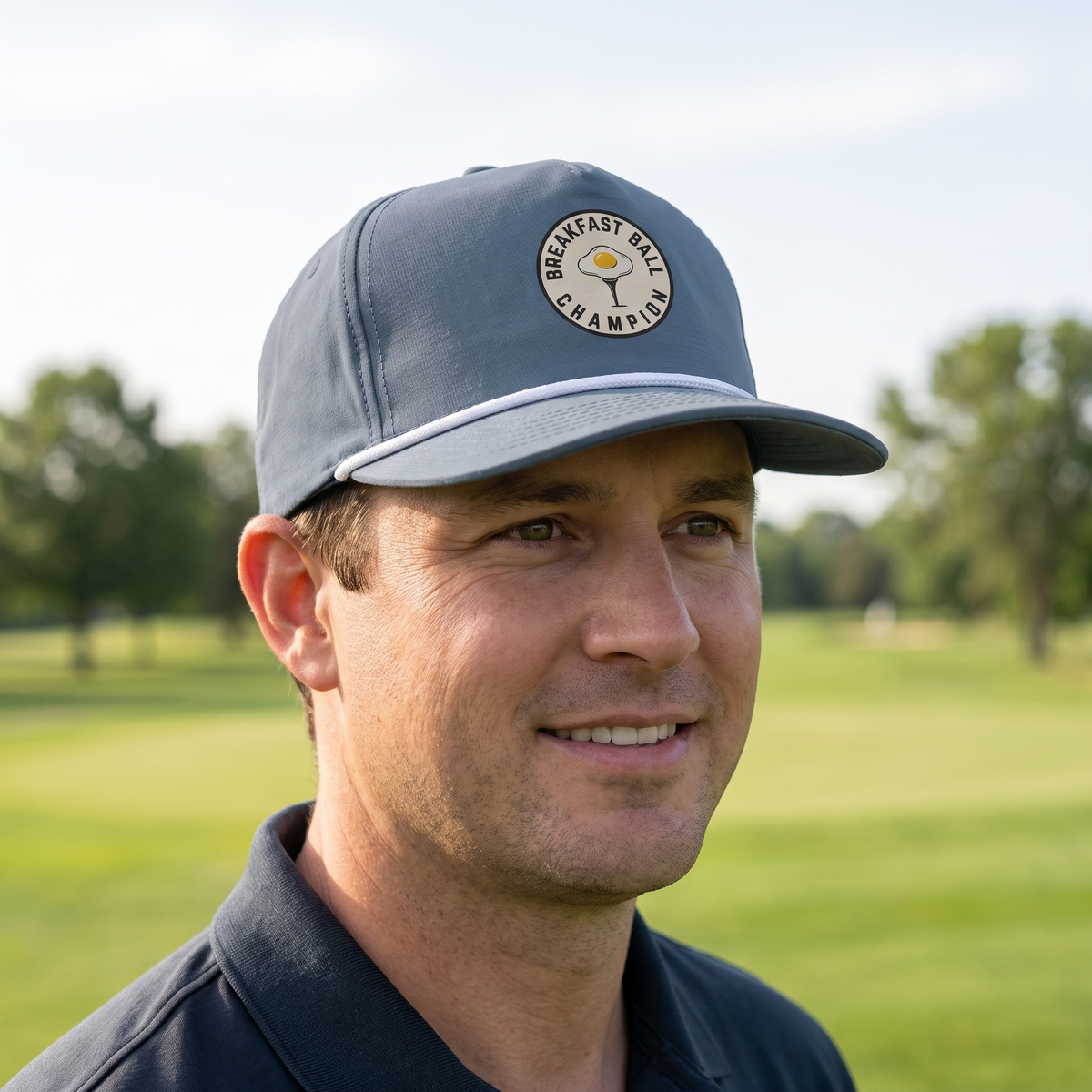 A golfer on a golf course wearing the Breakfast Ball Champion rope hat in Blue Jean with a white rope.