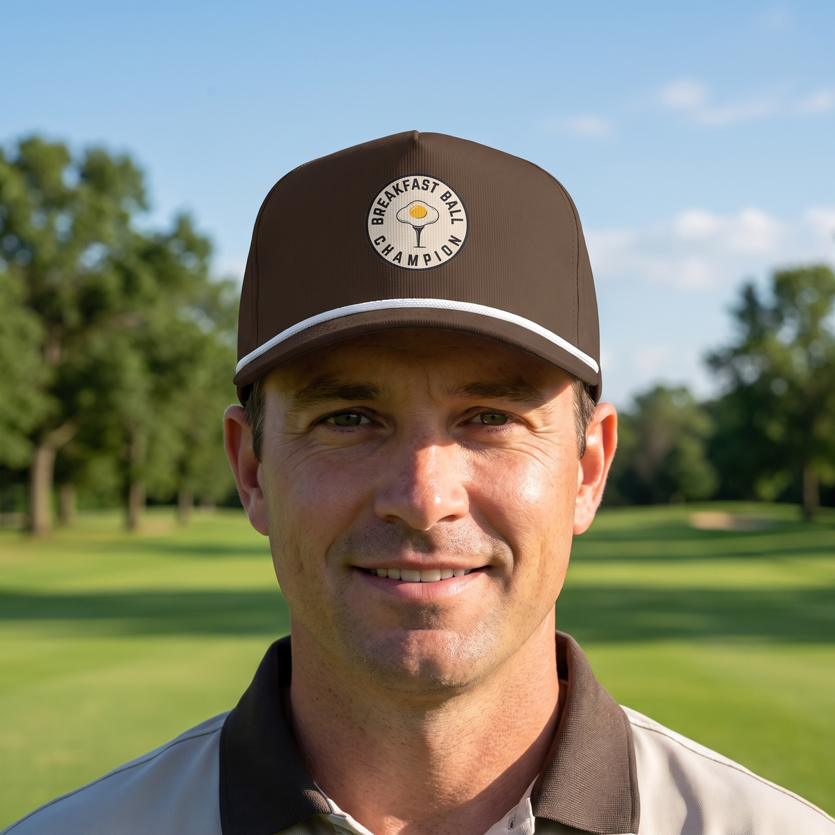 A golfer on a golf course wearing the Breakfast Ball Champion rope hat in Espresso with a white rope.