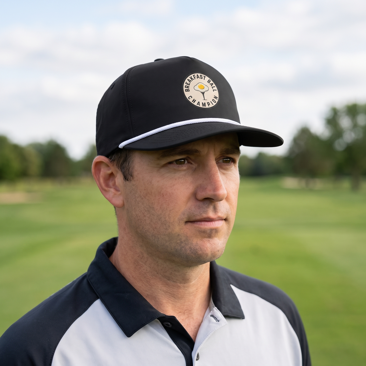 A golfer on a golf course wearing the Breakfast Ball Champion rope hat in Black with a white rope.