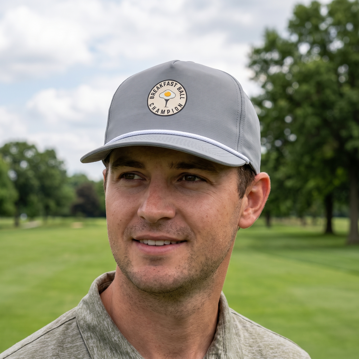 A golfer on a golf course wearing the Breakfast Ball Champion rope hat in Granite with a white rope.