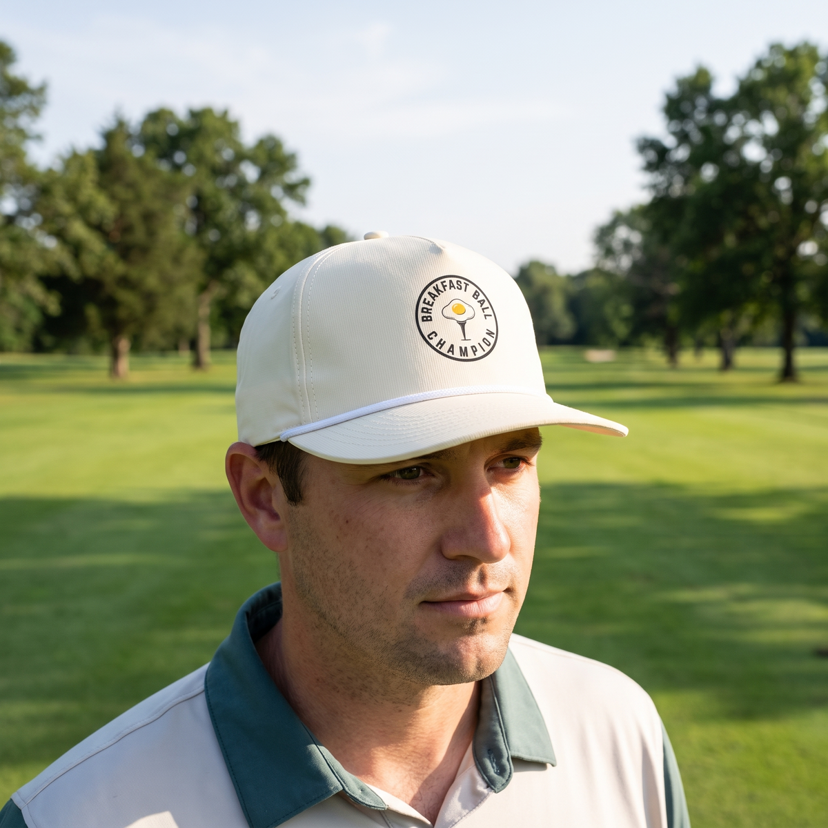 A golfer on a golf course wearing the Breakfast Ball Champion rope hat in Ivory with a white rope.