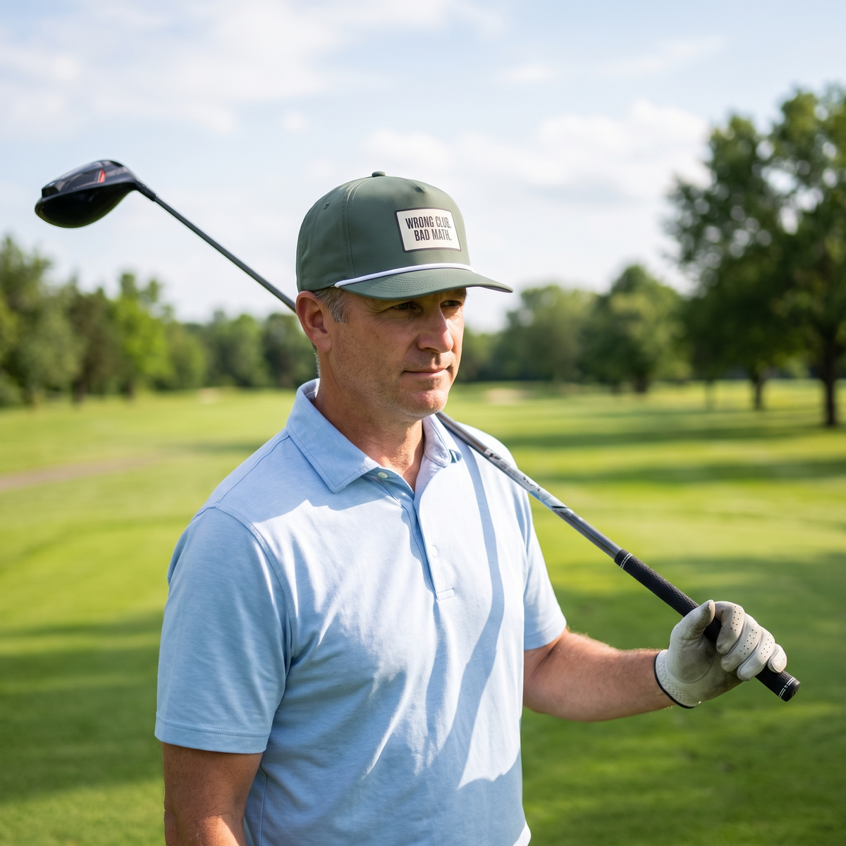 A golfer on a golf course wearing the Wrong Club. Bad Math. rope hat in Moss with a white rope.