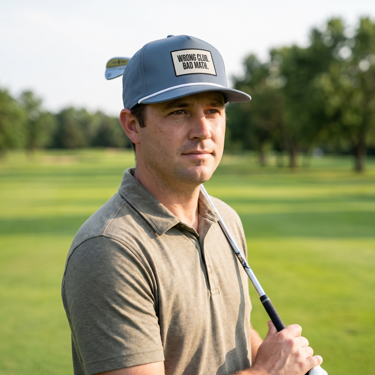 A golfer on a golf course wearing the Wrong Club. Bad Math. rope hat in Blue Jean with a white rope.