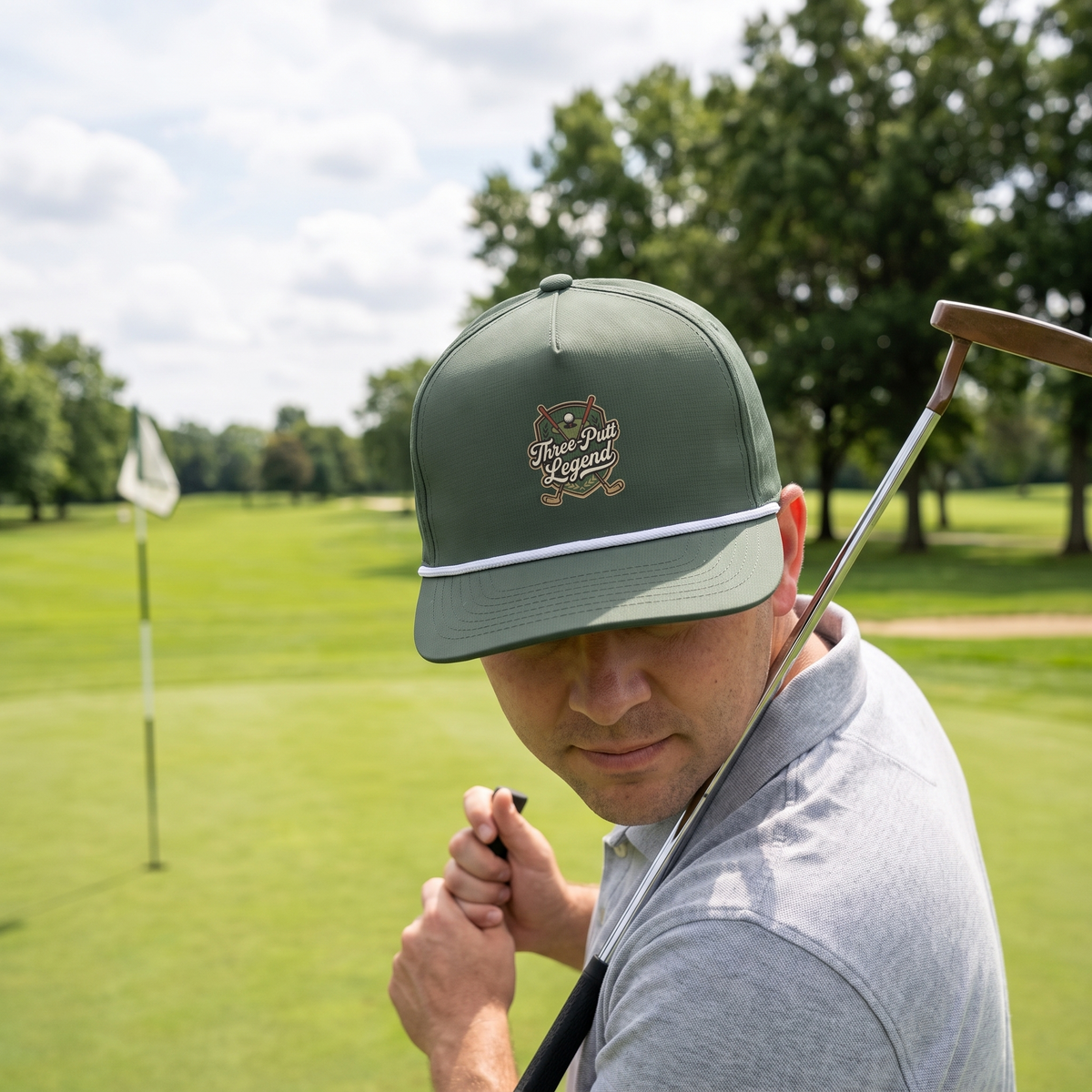 A golfer on a golf course wearing the Three-Putt Legend rope hat in Moss with a white rope.