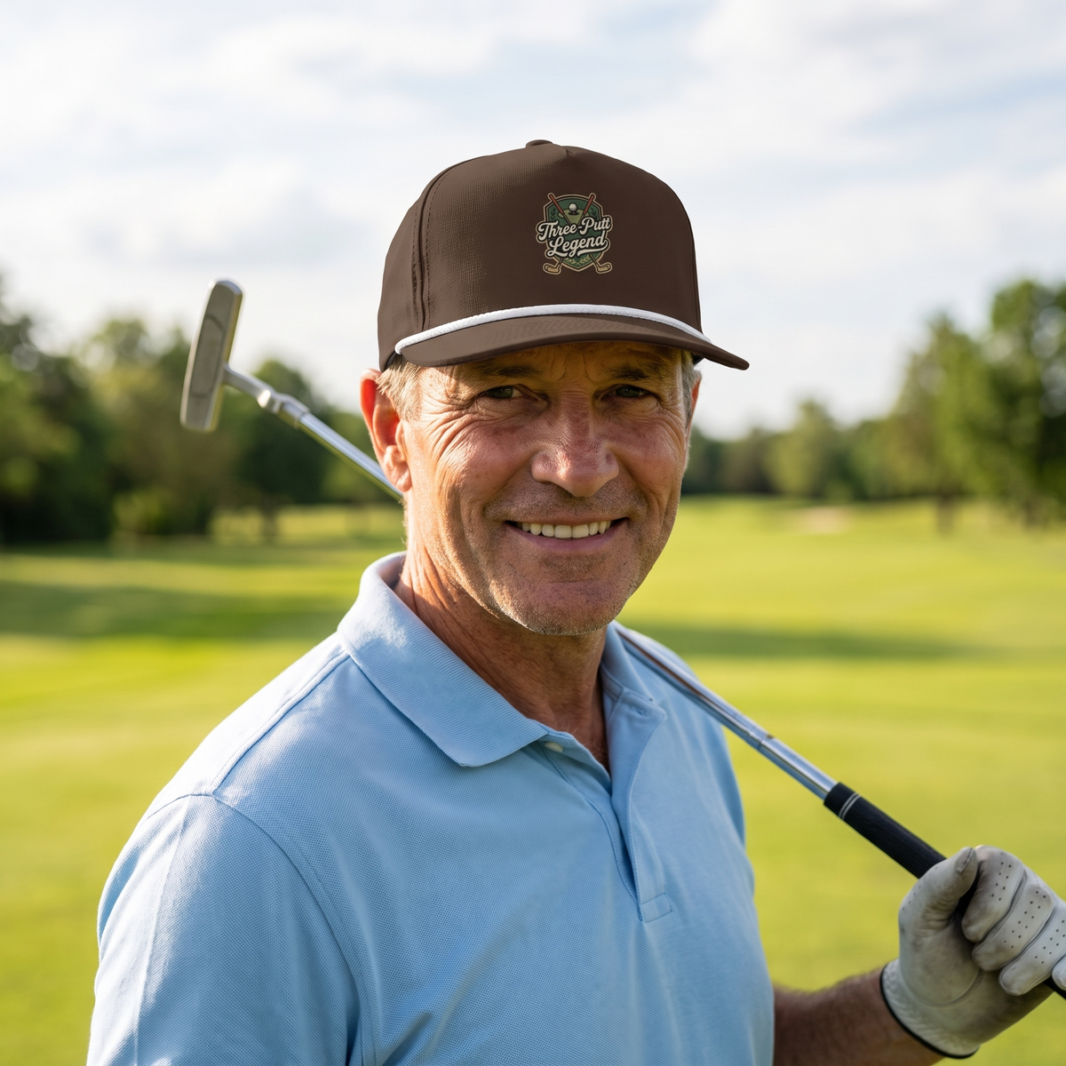 A golfer on a golf course wearing the Three-Putt Legend rope hat in Espresso with a white rope.
