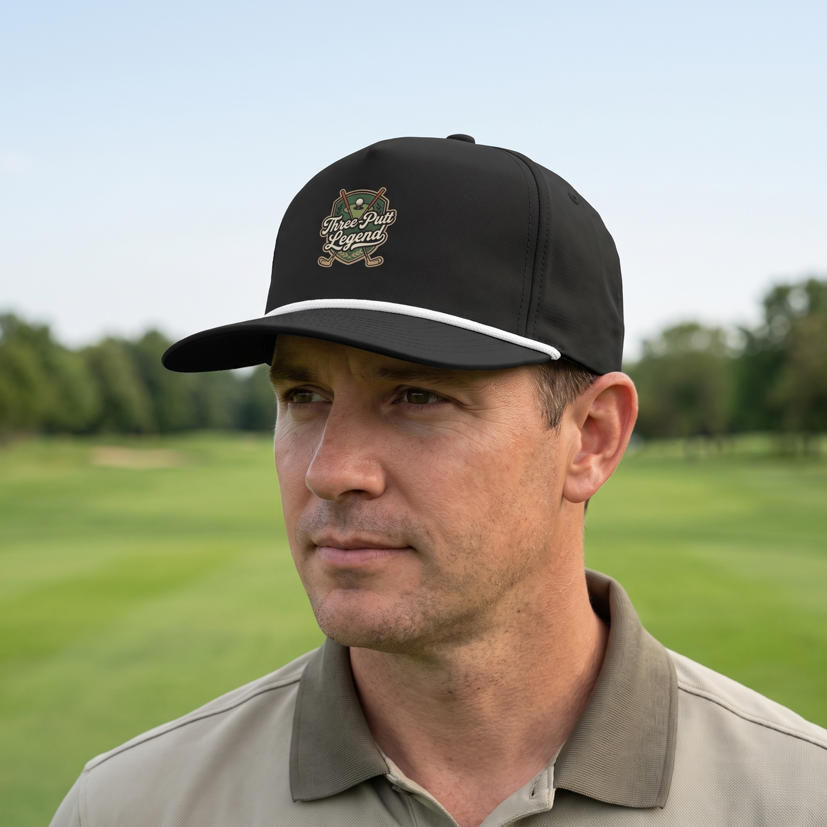A golfer on a golf course wearing the Three-Putt Legend rope hat in Black with a white rope.