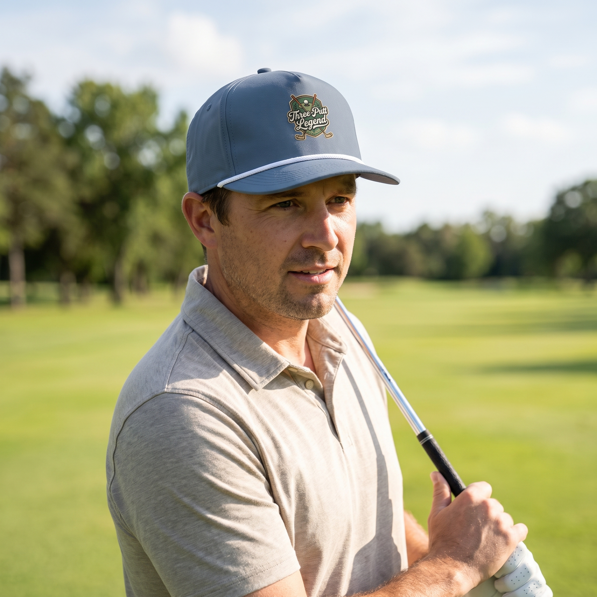 A golfer on a golf course wearing the Three-Putt Legend rope hat in Blue Jean with a white rope.