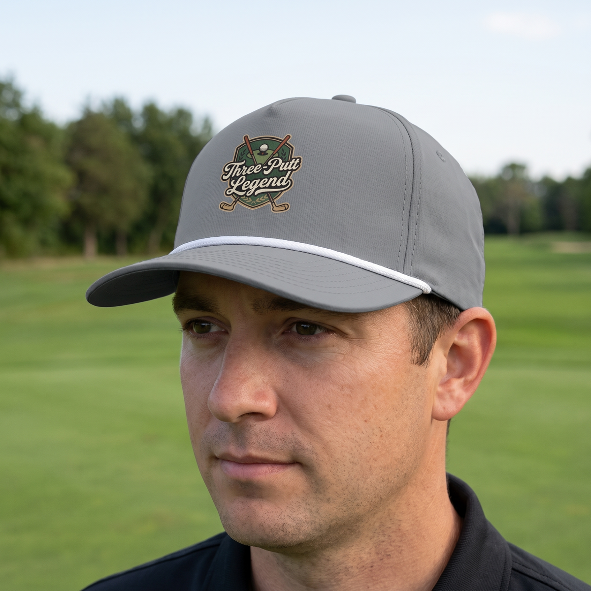 A golfer on a golf course wearing the Three-Putt Legend rope hat in Granite with a white rope.