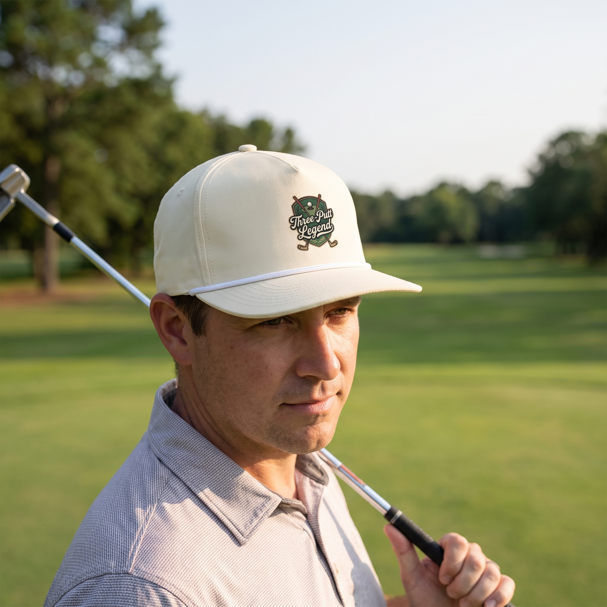 A golfer on a golf course wearing the Three-Putt Legend rope hat in Ivory with a white rope.