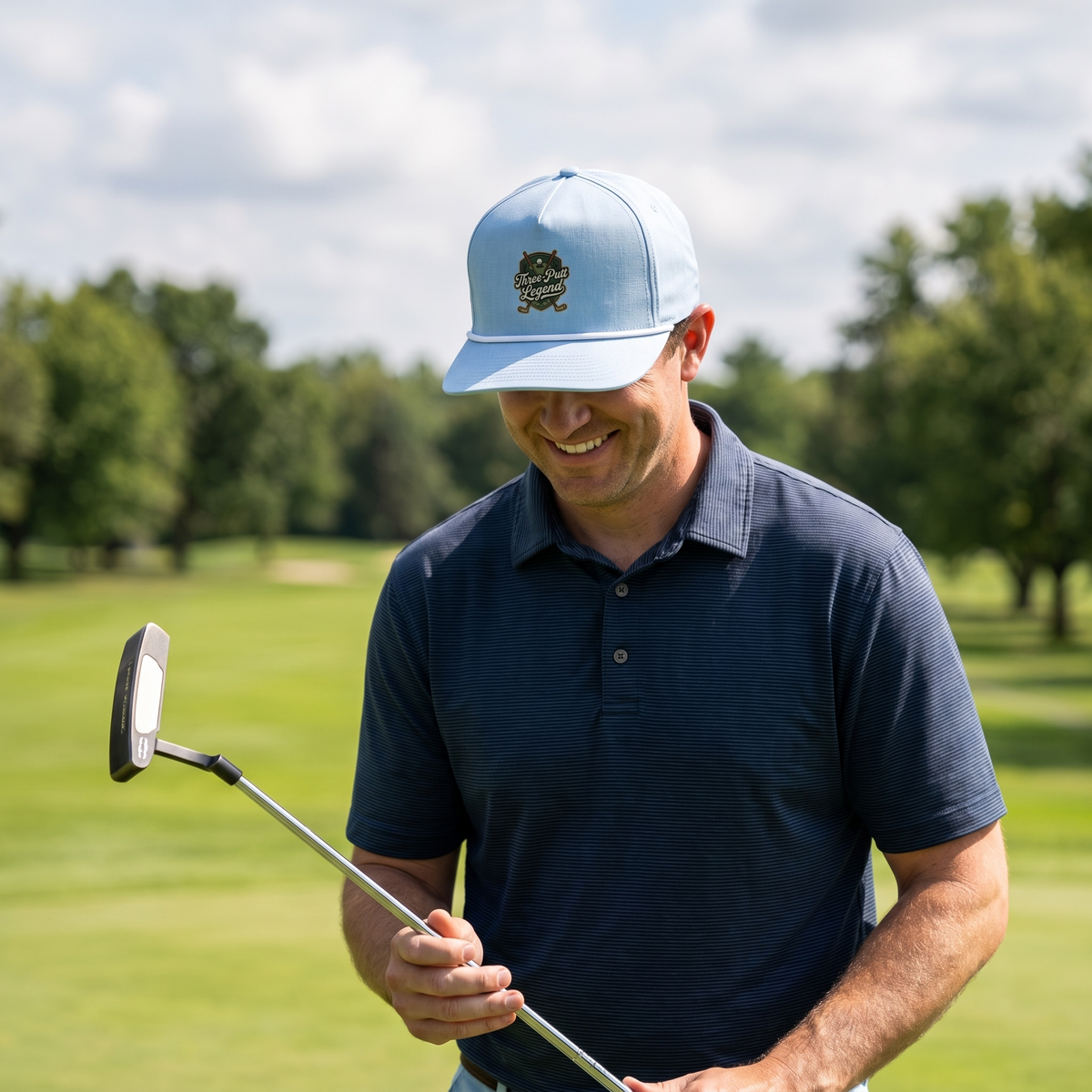 A golfer on a golf course wearing the Three-Putt Legend rope hat in Chambray with a white rope.