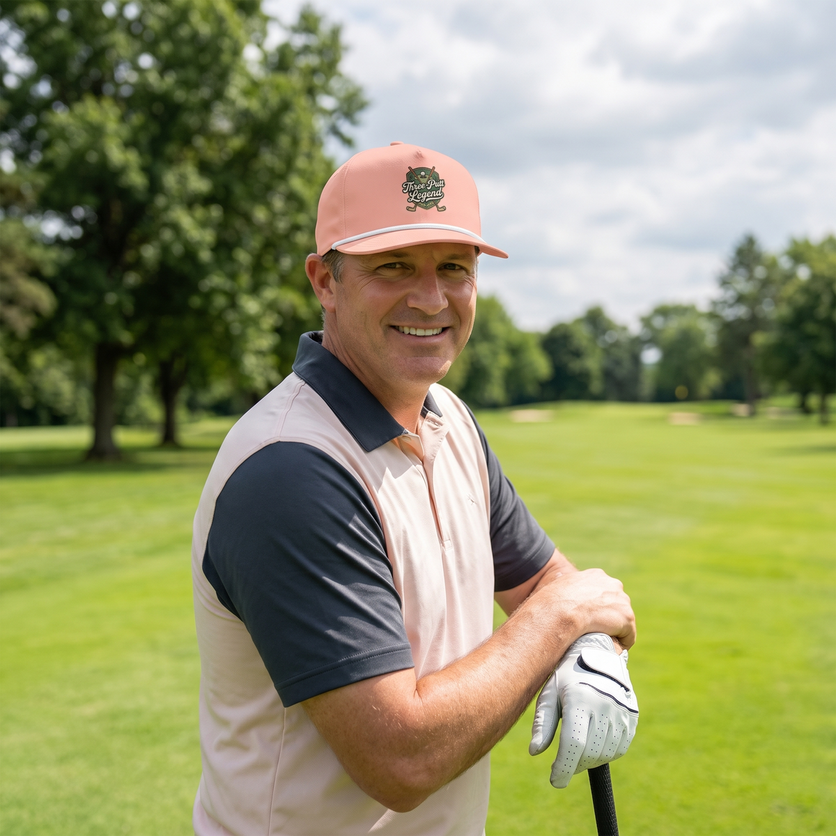 A golfer on a golf course wearing the Three-Putt Legend rope hat in Peachy with a white rope.