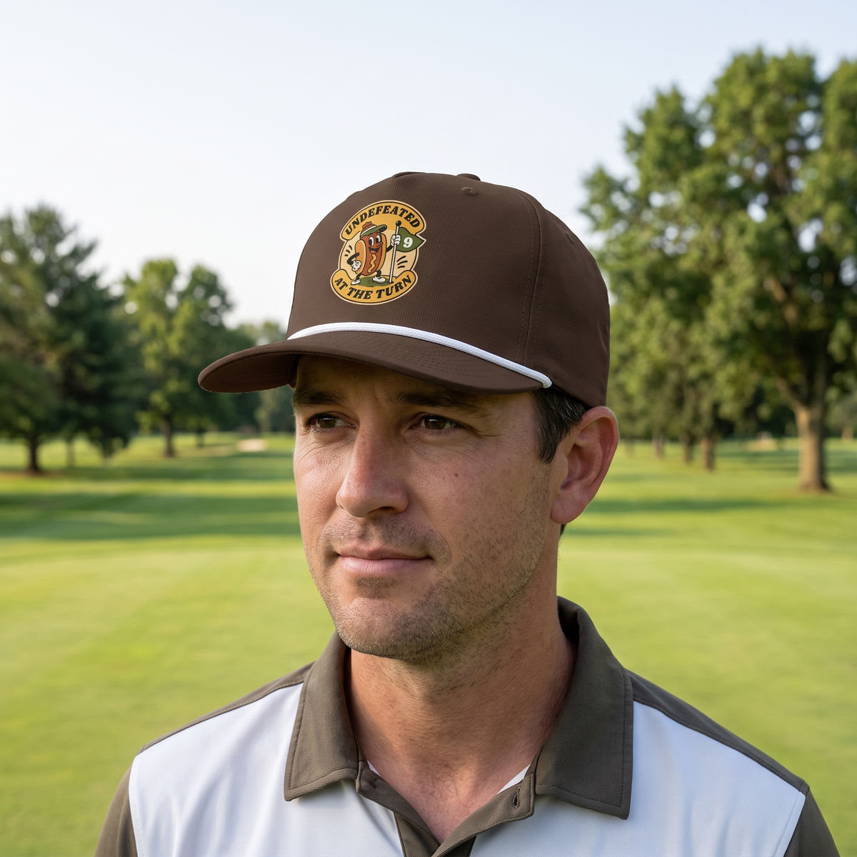 A golfer on a golf course wearing the Undefeated at the Turn rope hat in Espresso with a white rope.