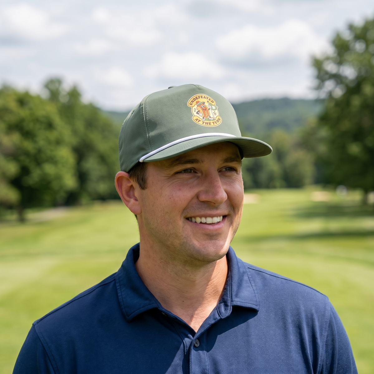 A golfer on a golf course wearing the Undefeated at the Turn rope hat in Moss with a white rope.