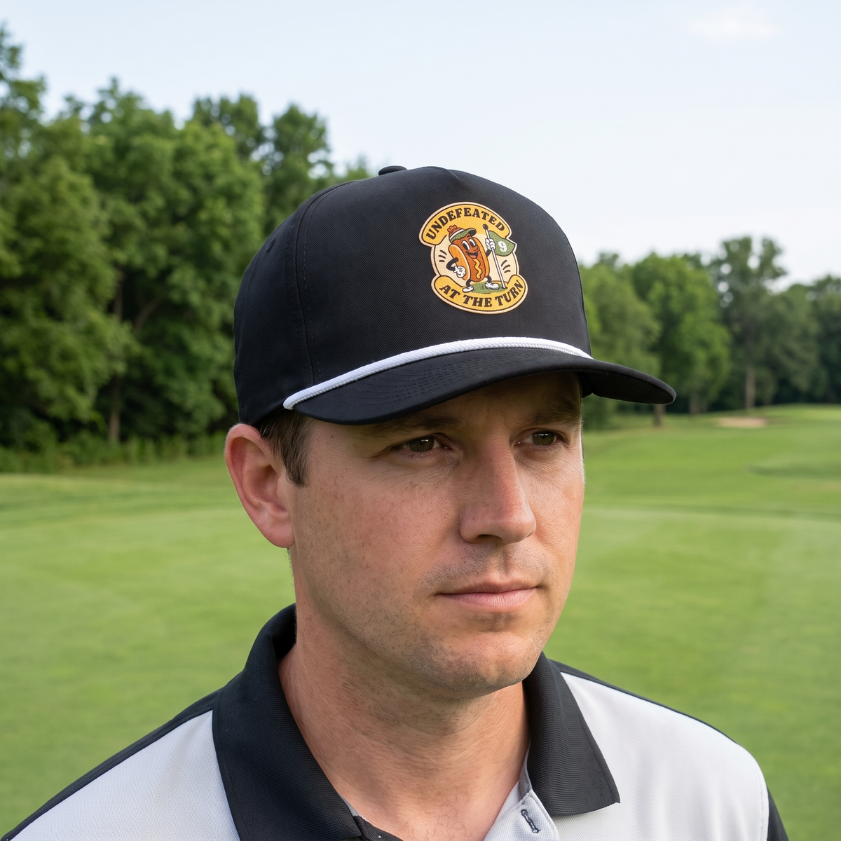 A golfer on a golf course wearing the Undefeated at the Turn rope hat in Black with a white rope.