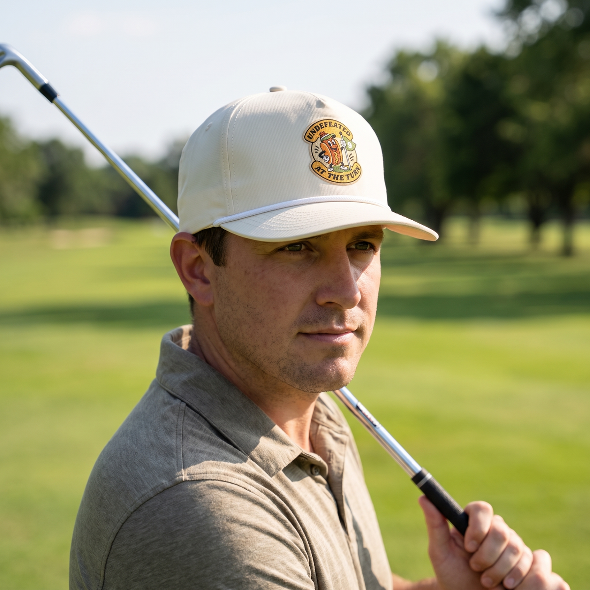 A golfer on a golf course wearing the Undefeated at the Turn rope hat in Ivory with a white rope.