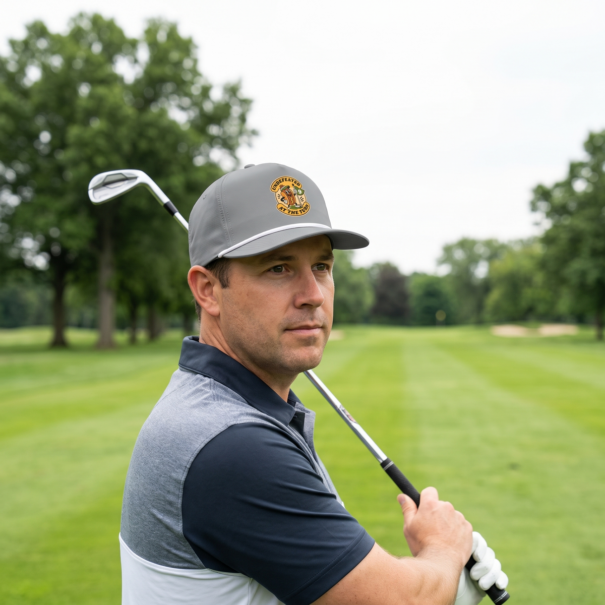 A golfer on a golf course wearing the Undefeated at the Turn rope hat in Granite with a white rope.