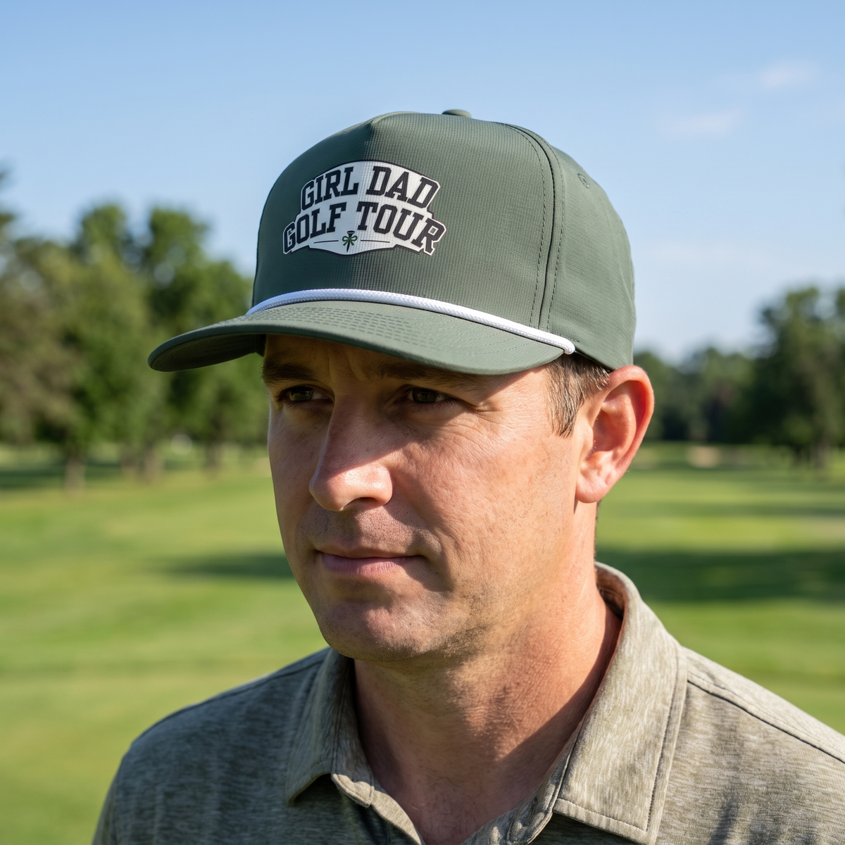 A golfer on a golf course wearing the Girl Dad Golf Tour rope hat in Moss with a white rope.
