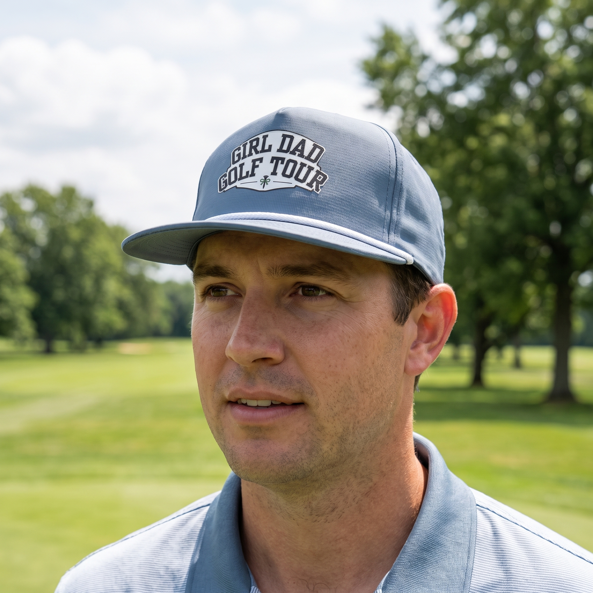 A golfer on a golf course wearing the Girl Dad Golf Tour rope hat in Blue Jean with a white rope.