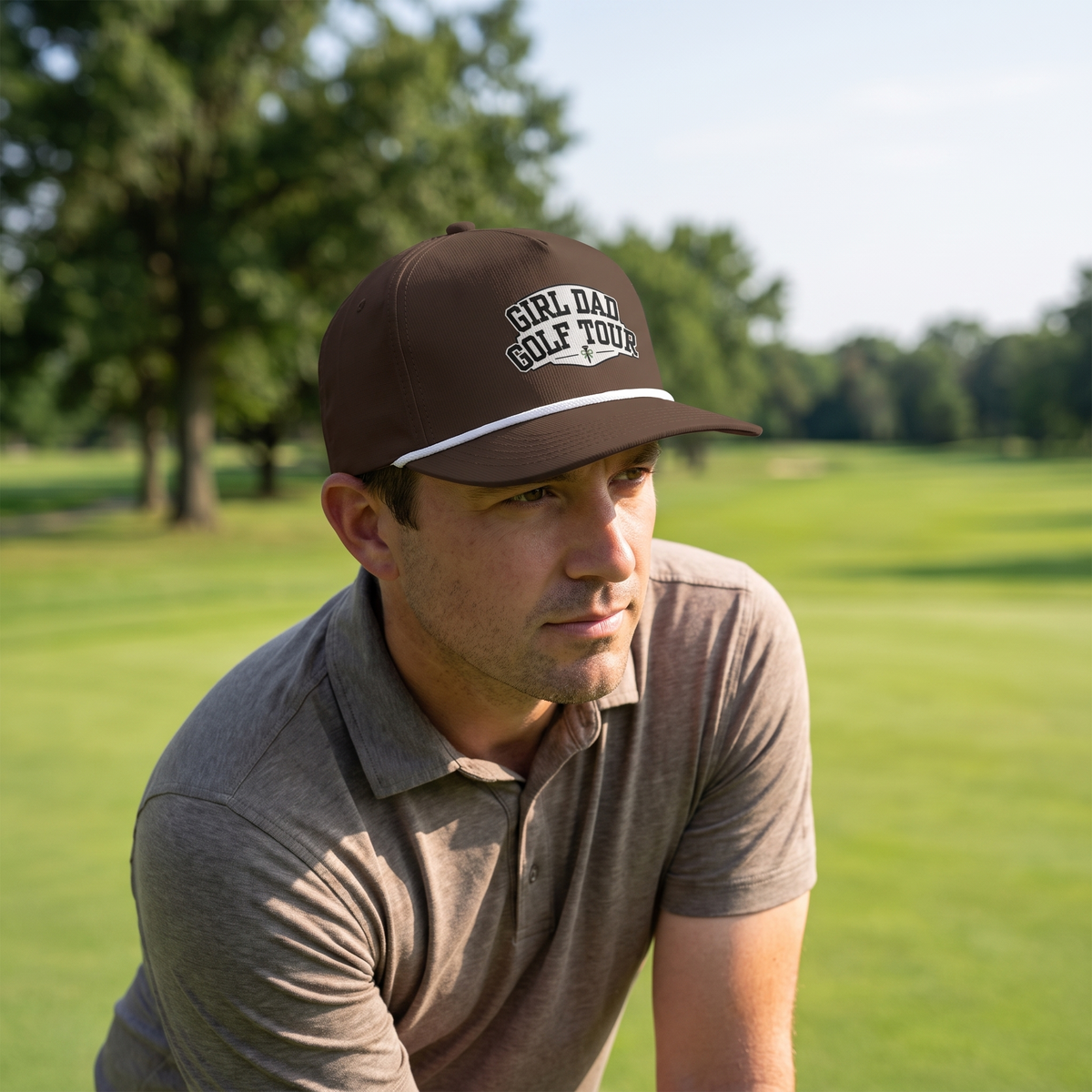 A golfer on a golf course wearing the Girl Dad Golf Tour rope hat in Espresso with a white rope.