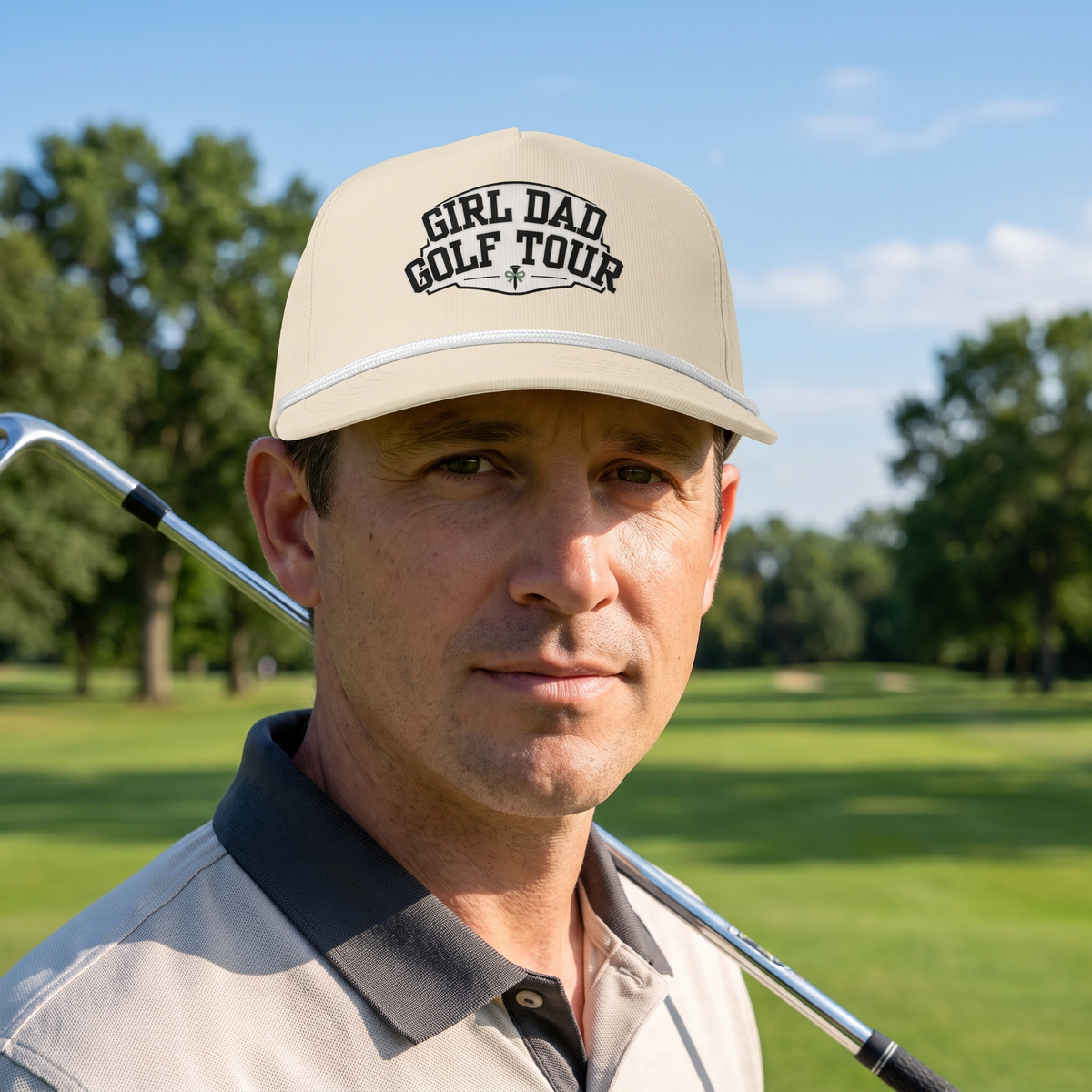 A golfer on a golf course wearing the Girl Dad Golf Tour rope hat in Ivory with a white rope.