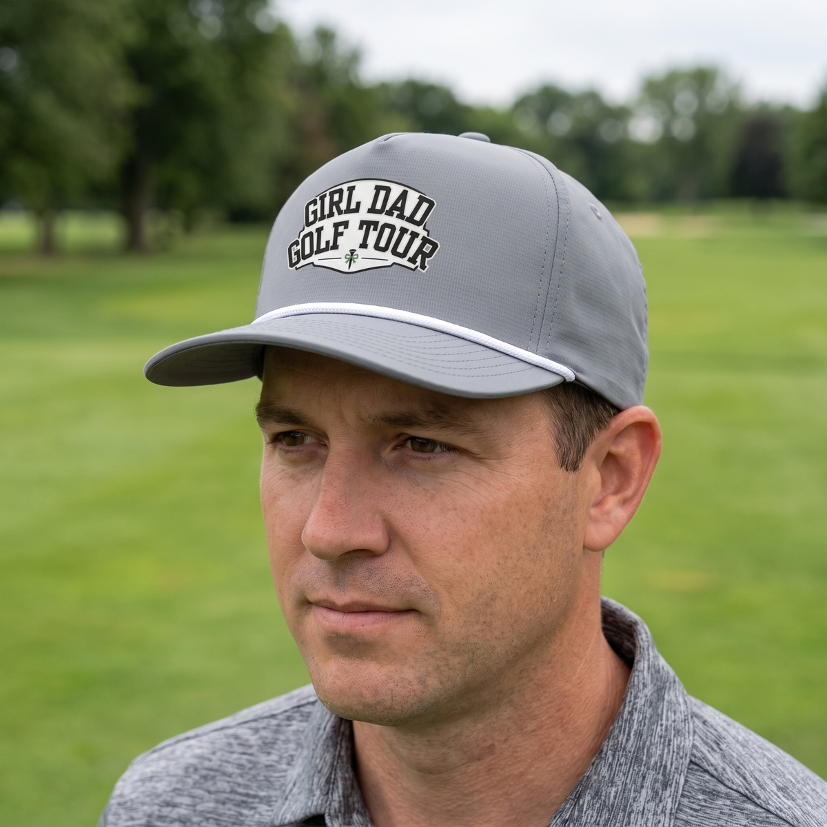 A golfer on a golf course wearing the Girl Dad Golf Tour rope hat in Granite with a white rope.