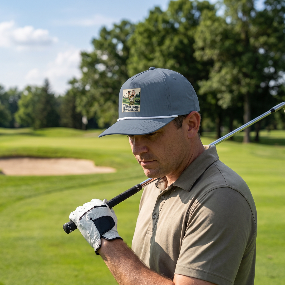 A golfer on a golf course wearing the It's a Power Fade, Not a Slice rope hat in Blue Jean with a white rope.