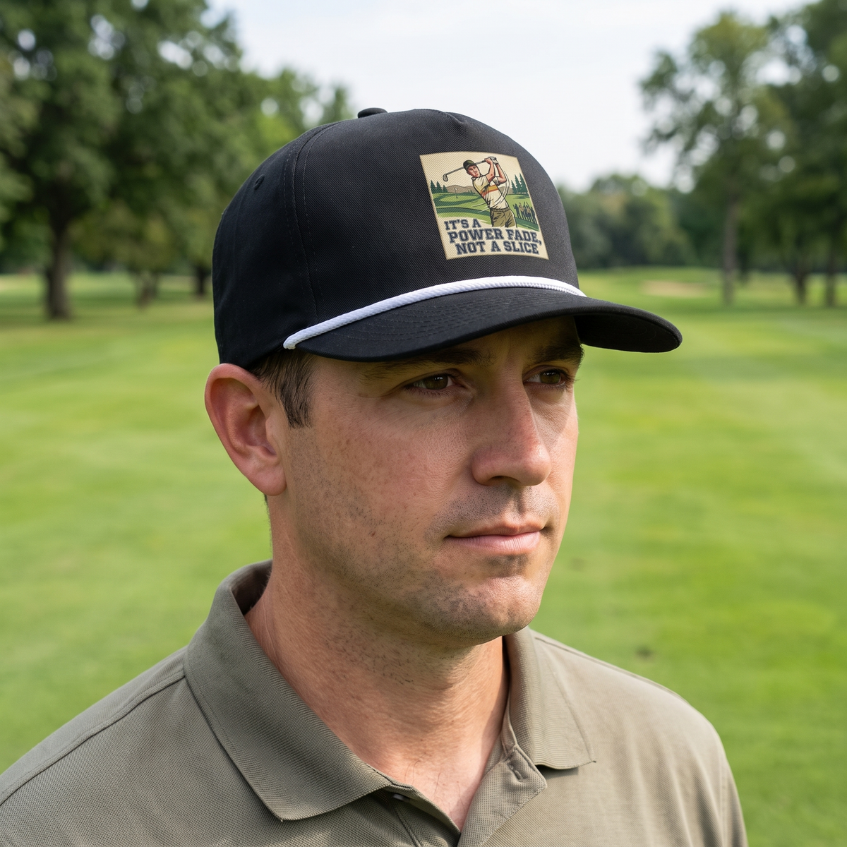 A golfer on a golf course wearing the It's a Power Fade, Not a Slice rope hat in Black with a white rope.