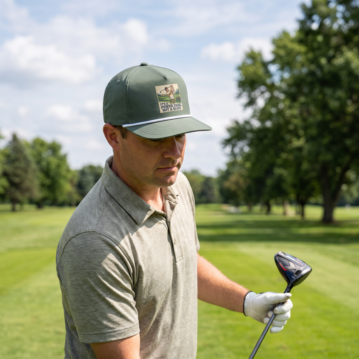 A golfer on a golf course wearing the It's a Power Fade, Not a Slice rope hat in Moss with a white rope.