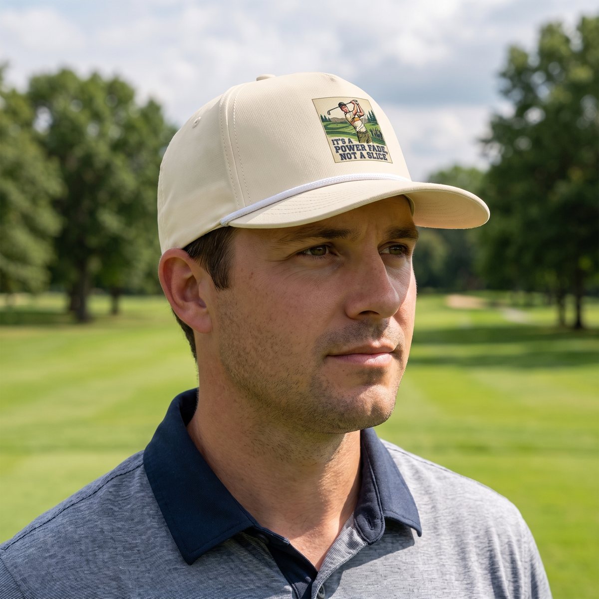 A golfer on a golf course wearing the It's a Power Fade, Not a Slice rope hat in Ivory with a white rope.