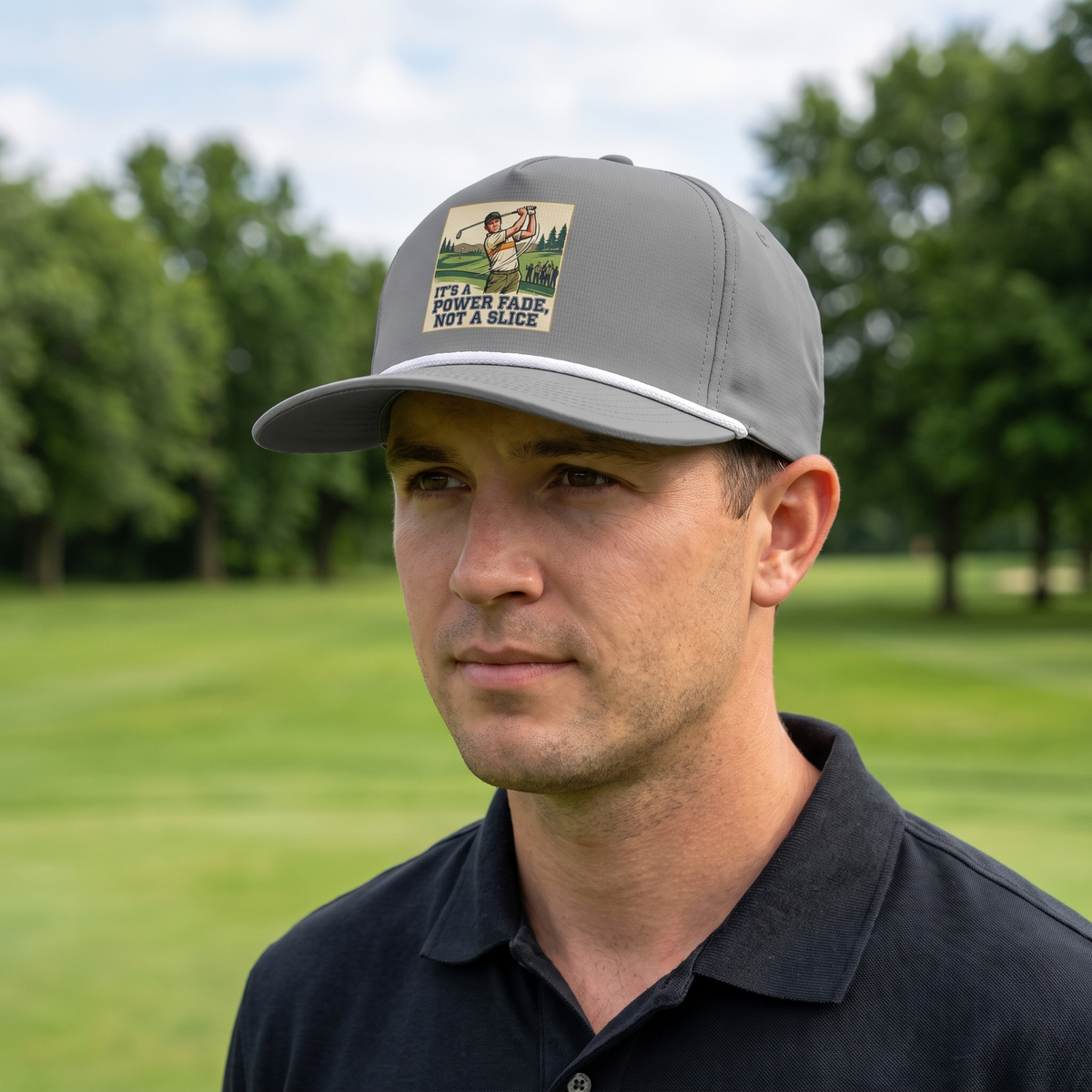 A golfer on a golf course wearing the It's a Power Fade, Not a Slice rope hat in Granite with a white rope.