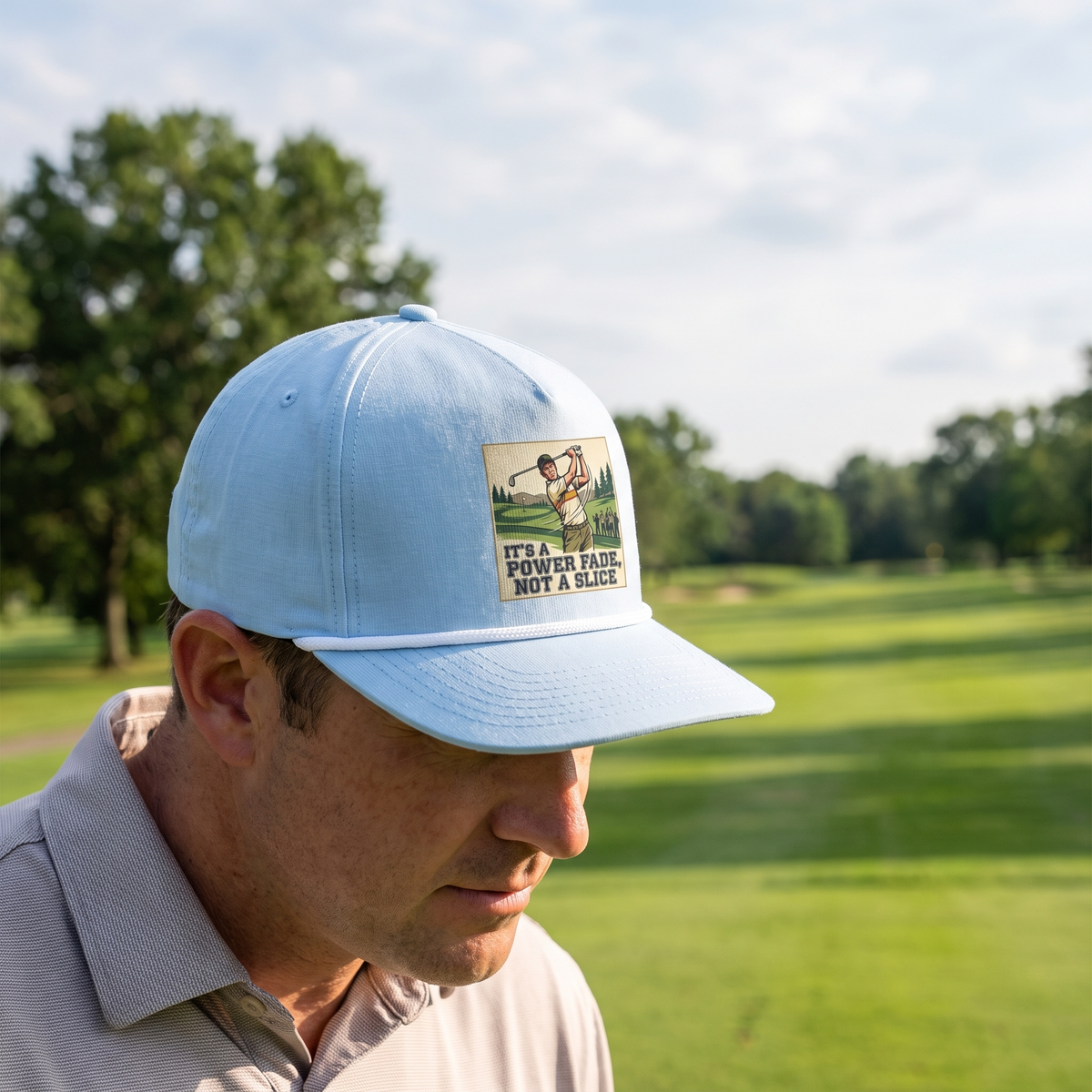 A golfer on a golf course wearing the It's a Power Fade, Not a Slice rope hat in Chambray with a white rope.