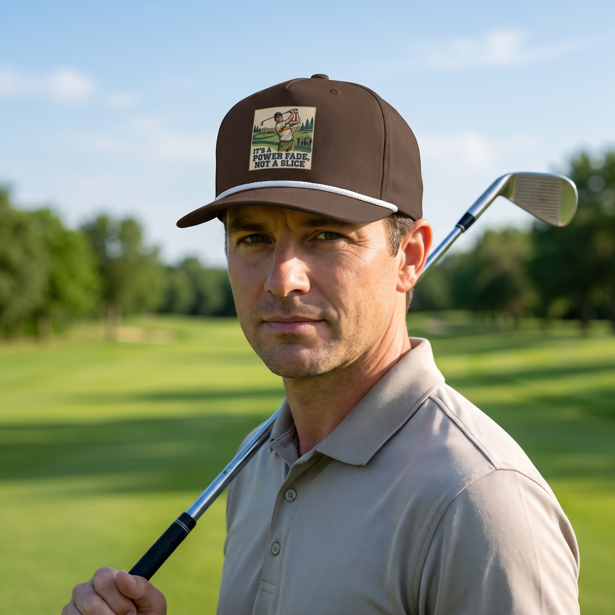 A golfer on a golf course wearing the It's a Power Fade, Not a Slice rope hat in Espresso with a white rope.