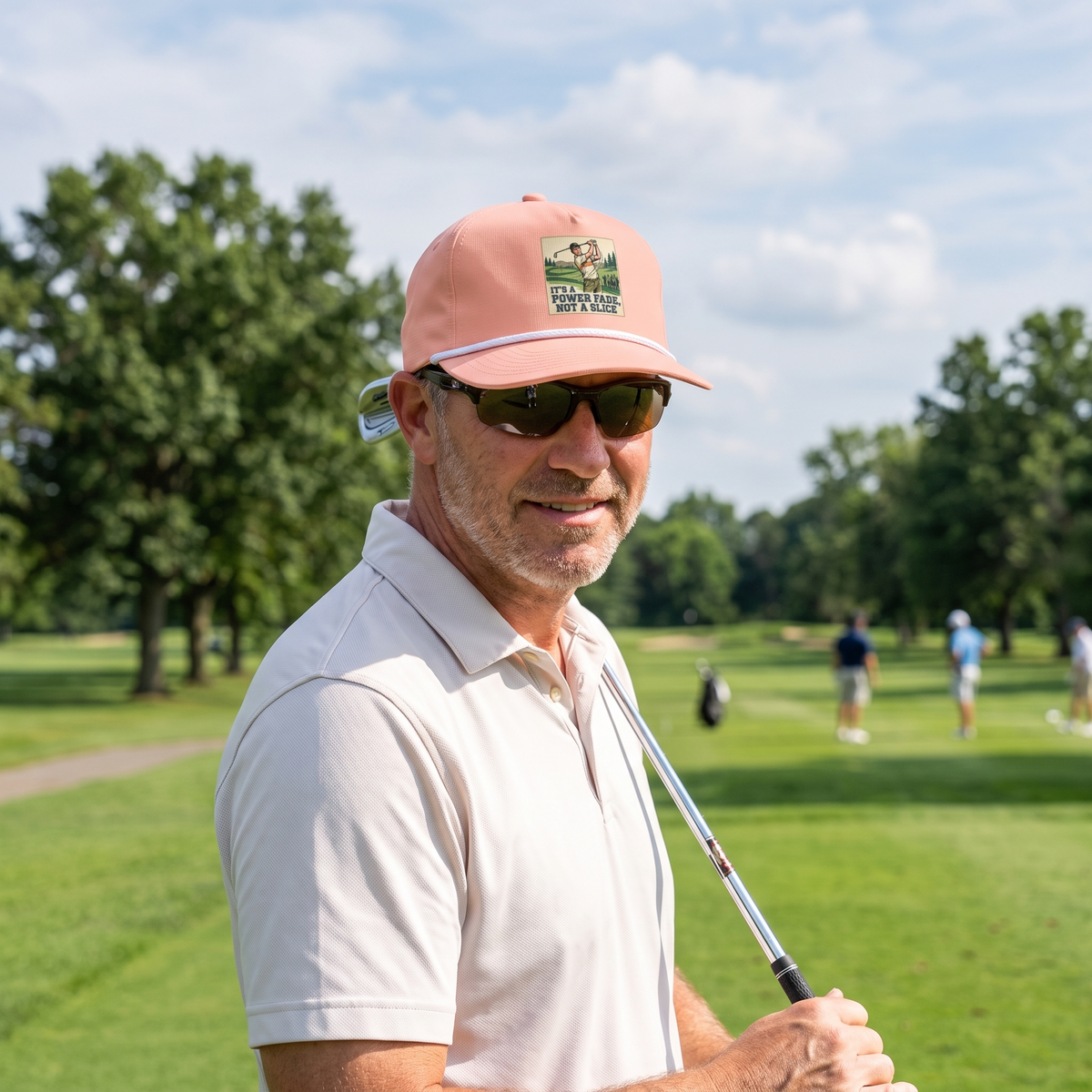 A golfer on a golf course wearing the It's a Power Fade, Not a Slice rope hat in Peachy with a white rope.