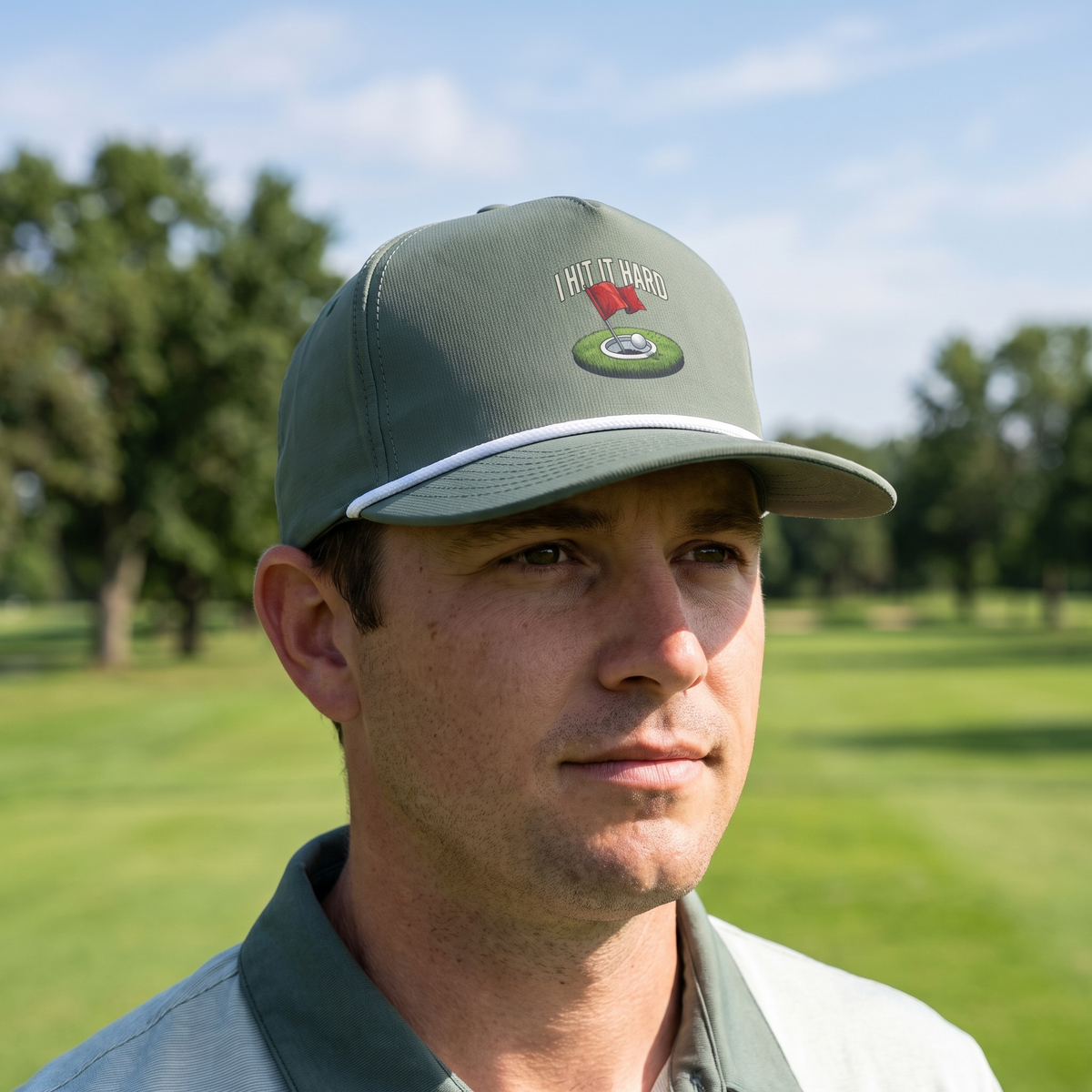 A golfer on a golf course wearing the I Hit It Hard rope hat in Moss with a white rope.