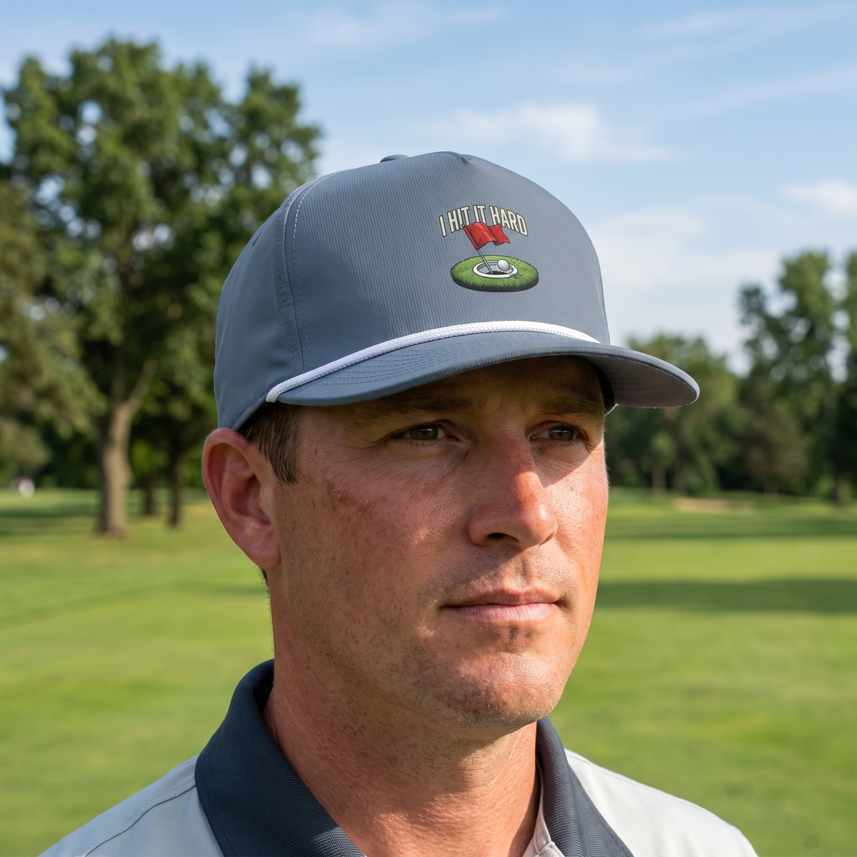 A golfer on a golf course wearing the I Hit It Hard rope hat in Blue Jean with a white rope.