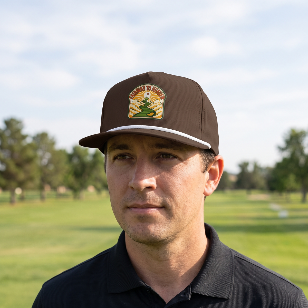 A golfer on a golf course wearing the Fairway to Heaven rope hat in Espresso with a white rope.