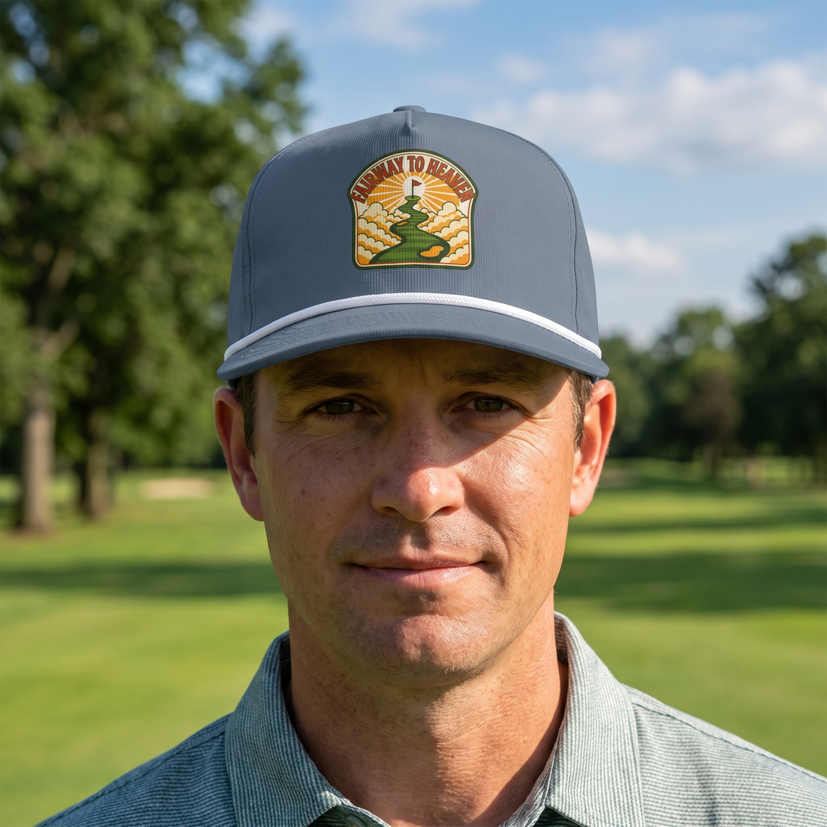 A golfer on a golf course wearing the Fairway to Heaven rope hat in Blue Jean with a white rope.