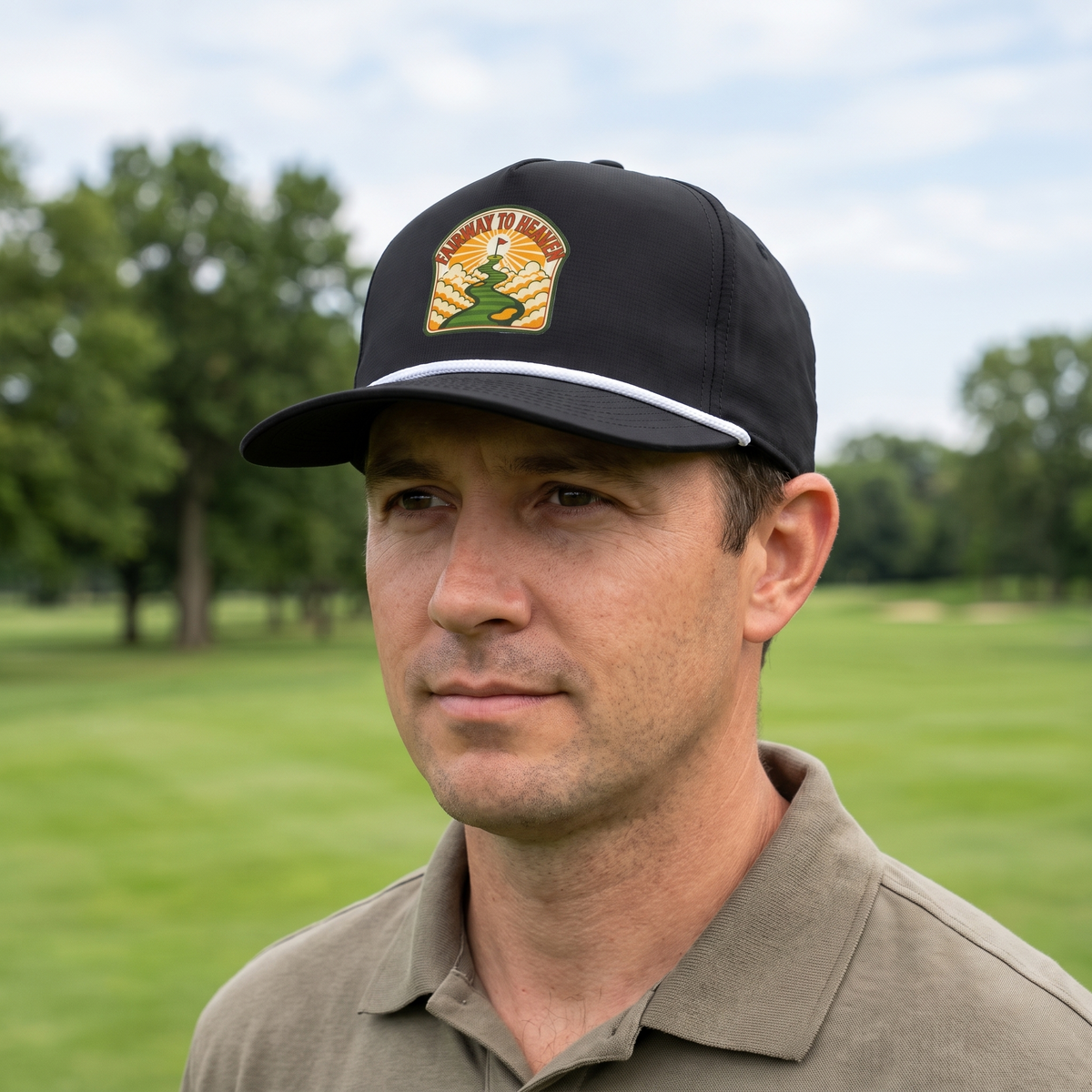 A golfer on a golf course wearing the Fairway to Heaven rope hat in Black with a white rope.
