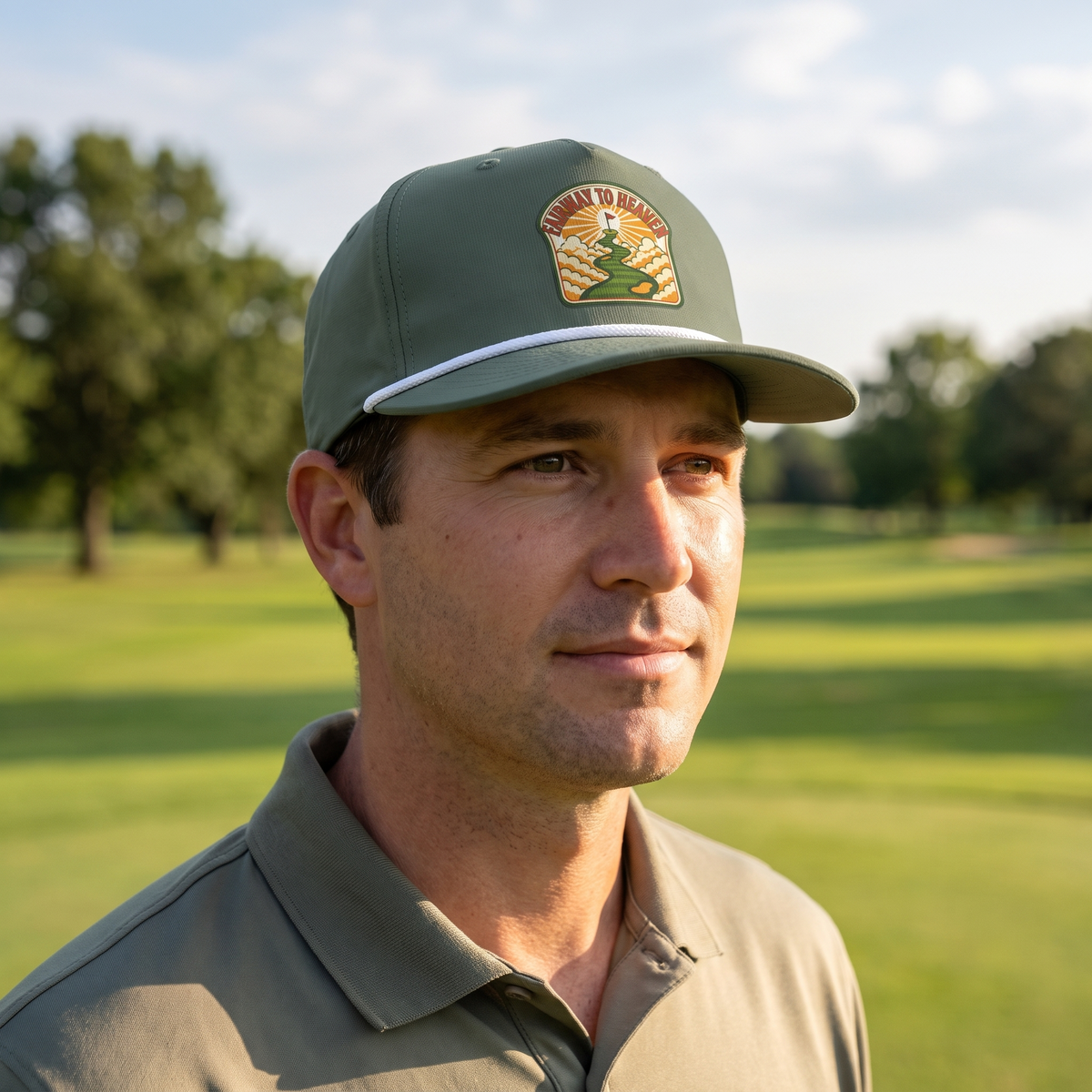A golfer on a golf course wearing the Fairway to Heaven rope hat in Moss with a white rope.