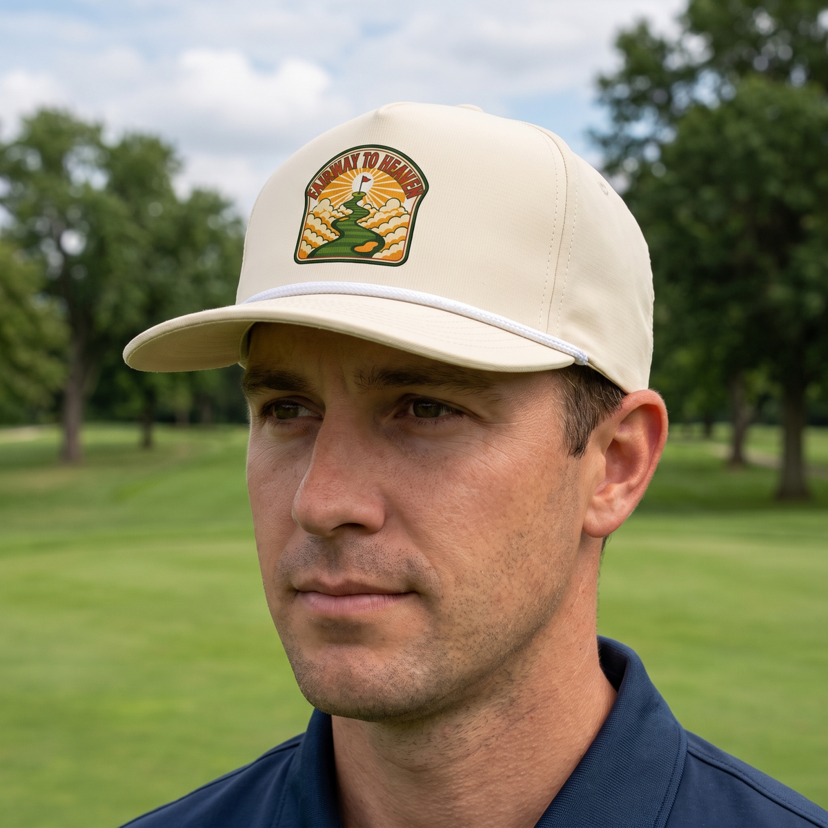 A golfer on a golf course wearing the Fairway to Heaven rope hat in Ivory with a white rope.