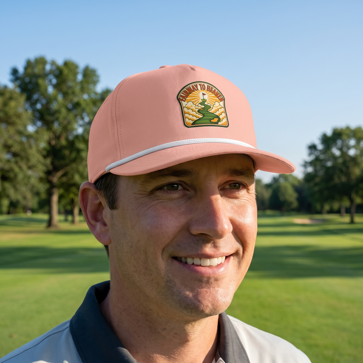 A golfer on a golf course wearing the Fairway to Heaven rope hat in Peachy with a white rope.