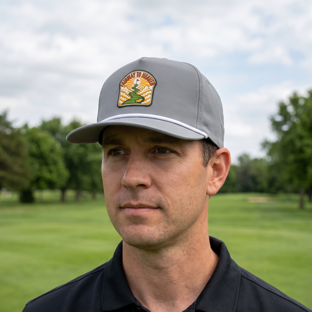 A golfer on a golf course wearing the Fairway to Heaven rope hat in Granite with a white rope.