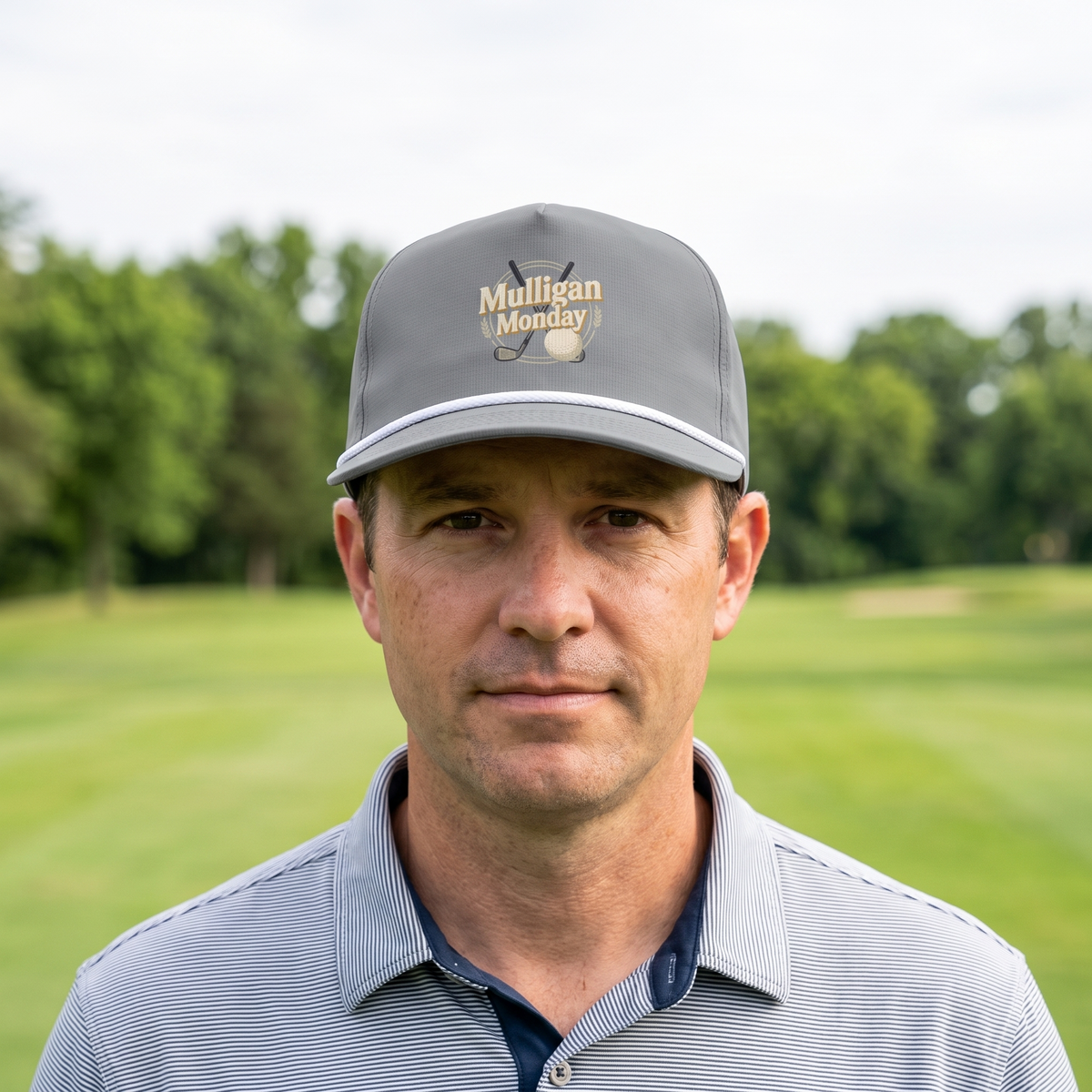A golfer on a golf course wearing the Mulligan Monday rope hat in Granite with a white rope.