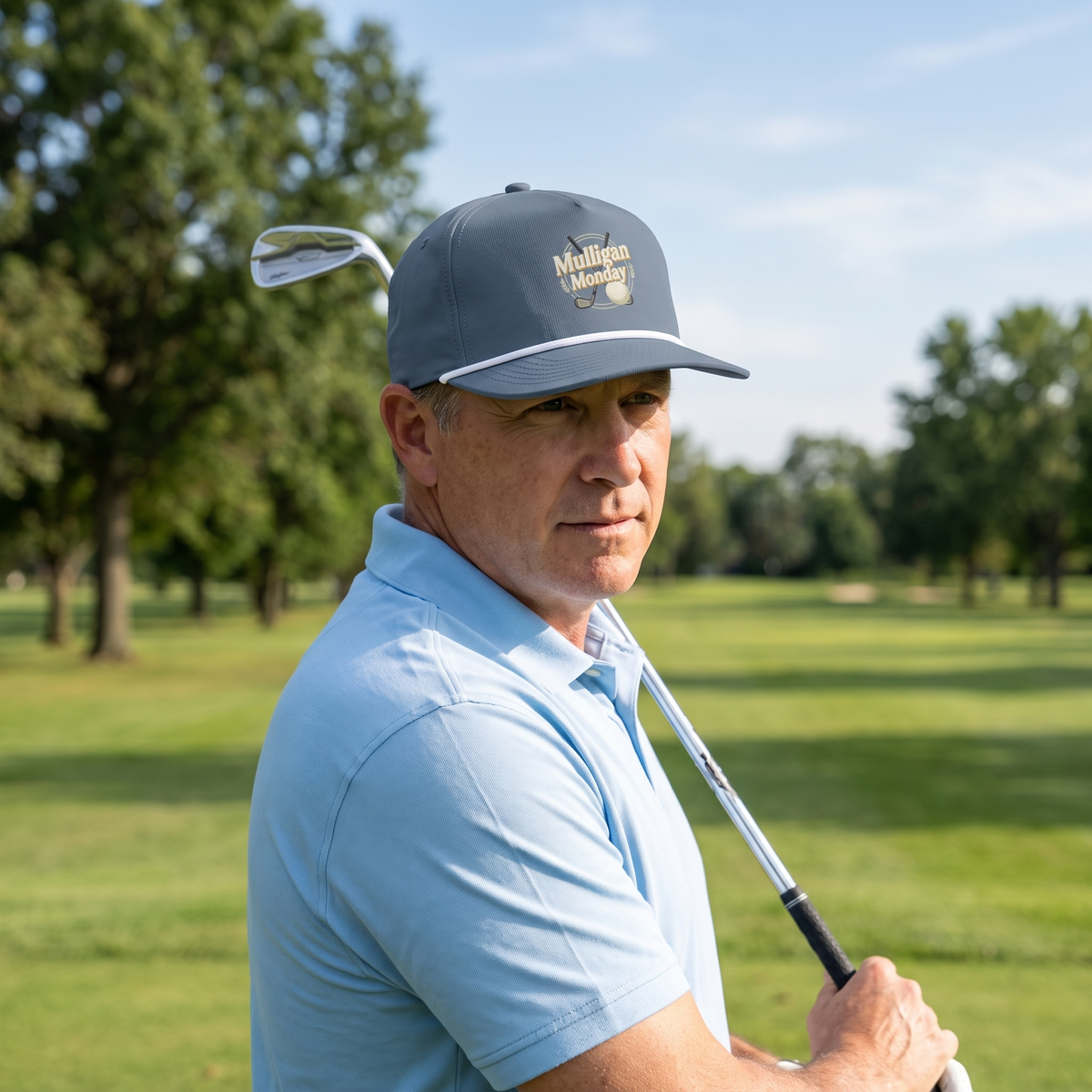 A golfer on a golf course wearing the Mulligan Monday rope hat in Blue Jean with a white rope.